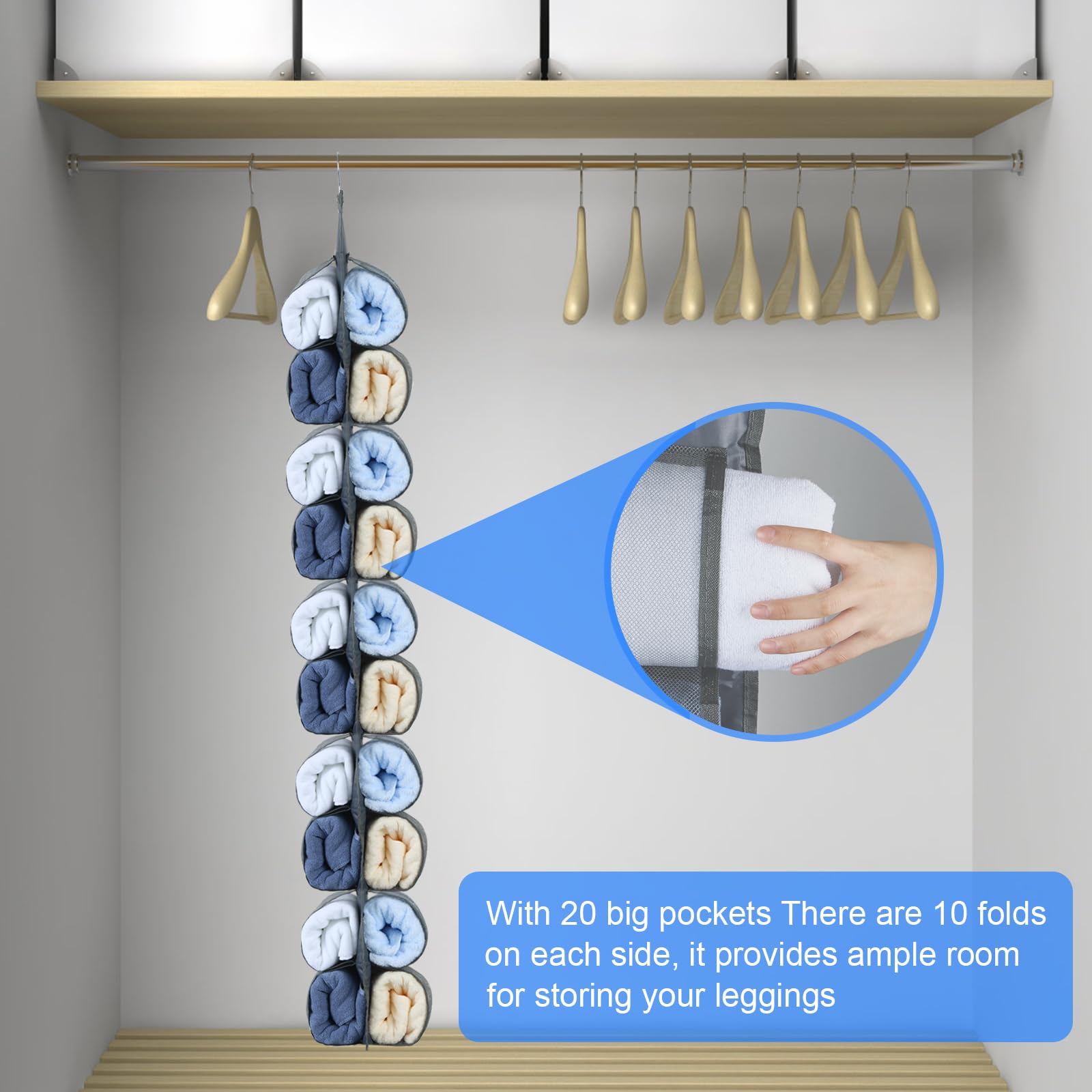 Hanging Legging Organizer with 20 Pockets - Space Saving Closet Storage for Yoga Pants, Jeans & Clothes - Door Mounted Wardrobe Organizer (Grey) | Perfect for Small Spaces, Bedrooms & Closet Organization
