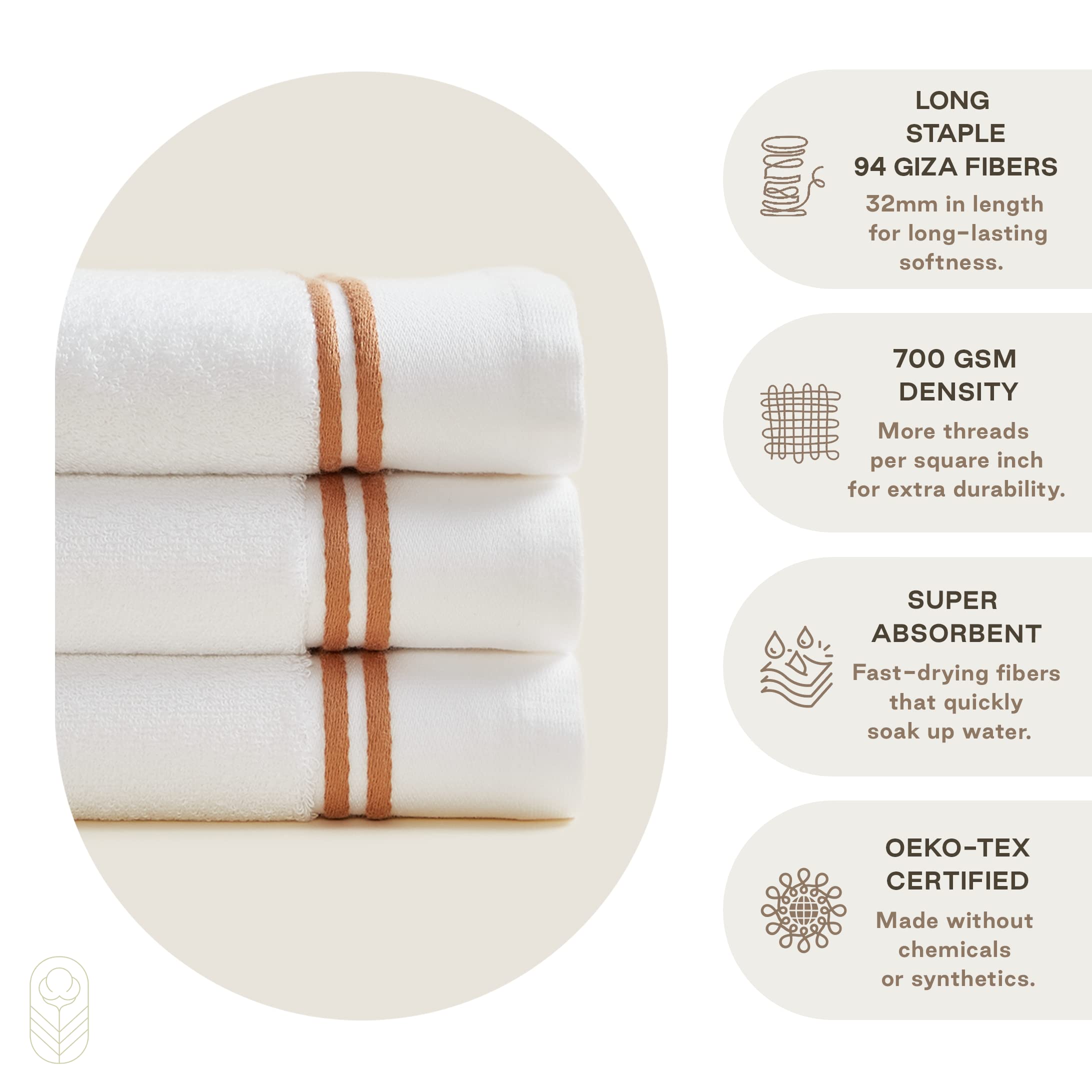 Premium 700 GSM 100% Cotton Bath Towel Set - 2 Bath Towels, Hand Towels & Washcloths - Ultra Soft, Absorbent & Durable - White with Double Camel Stripe - Perfect for Spa, Bathroom & Luxury Home Decor