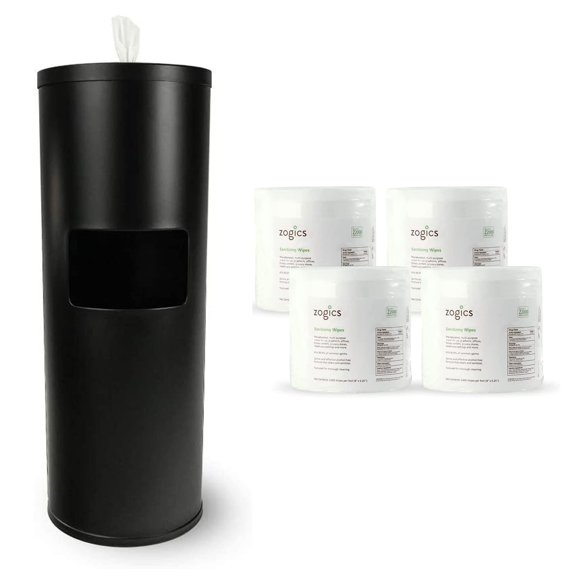 Zogics Sanitizing Wipes & Black Powder-Coated Floor Stand Dispenser with Built-in Trash Can - Bulk Cleaning Wipes for Gym, Office, School & Healthcare Facilities - Heavy Duty Sanitization Solution