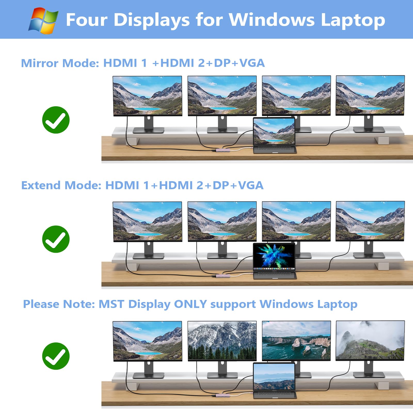 8-in-1 USB C Docking Station for Dell/HP Laptops - Dual/Quad Monitor Adapter with 4K HDMI, DisplayPort, VGA, 3x USB 2.0 Ports & 100W PD - Perfect for Home Office, Gaming & Multi-Screen Productivity