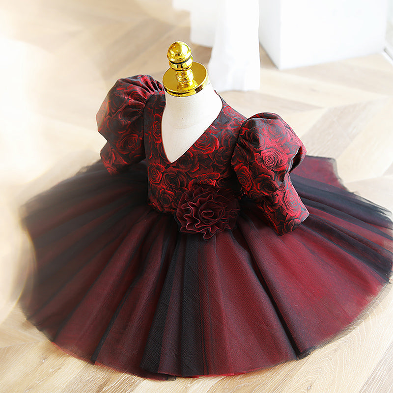 Burgundy Satin Tulle Princess Flower Girl Dress with Puff Sleeves - Perfect for Weddings, Birthday Parties, and Special Occasions