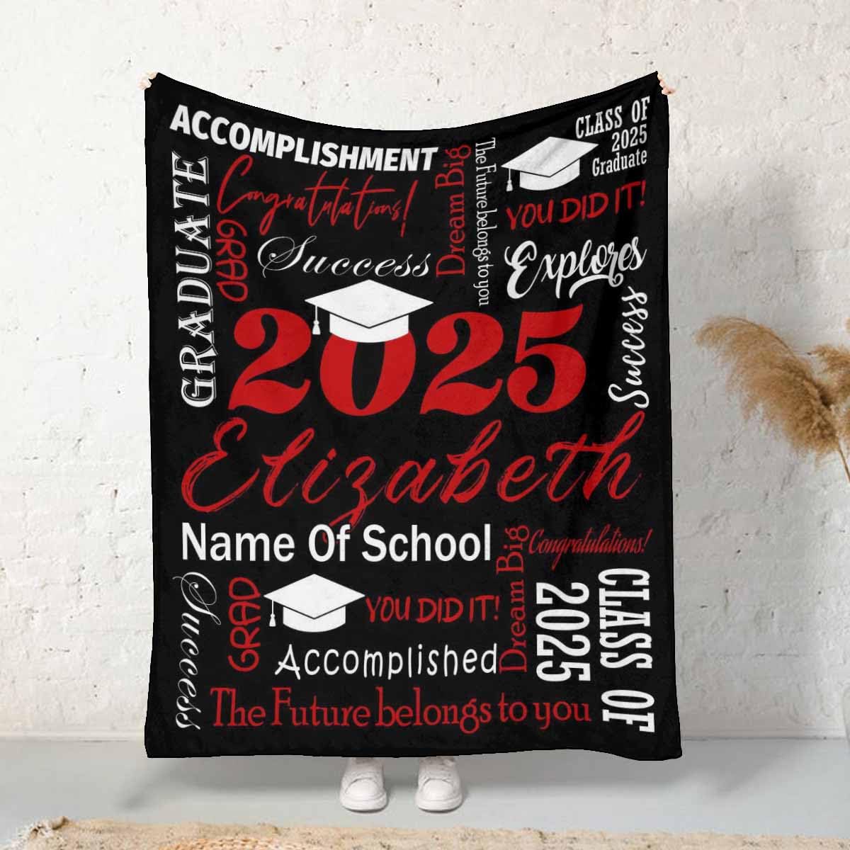 Personalized Graduation Blanket 2025 - Custom College Throw for Her, Him, Men & Women - 30x40 Inch Black & Red Graduate Gift - The Future Belongs to You - Perfect for Dorm Rooms, Graduation Parties & Alumni Celebrations