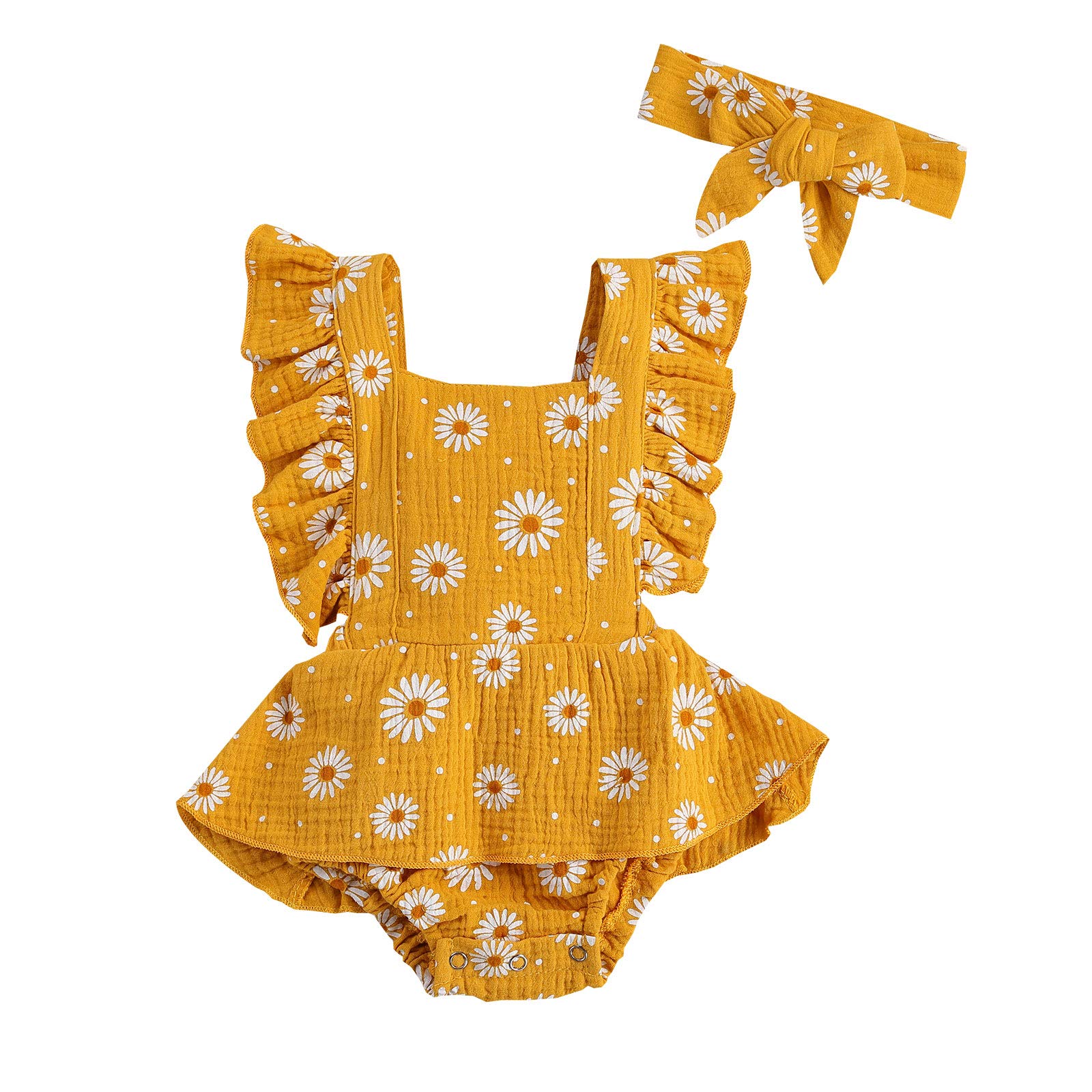Newborn Baby Girl Daisy Romper Dress - Adjustable Ruffles One-Piece Bodysuit Jumpsuit | Summer Outfits for Infants | Perfect for Photoshoots, Parties & Outdoor Play