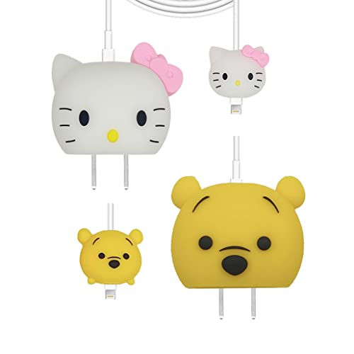 2-Pack Cute Cartoon Soft Silicone Protective Case Cover for iPhone 20W USB-C Power Adapter & Lightning Cable - White Cat & Pooh Design - Perfect for Home, Office, Travel Charging Protection