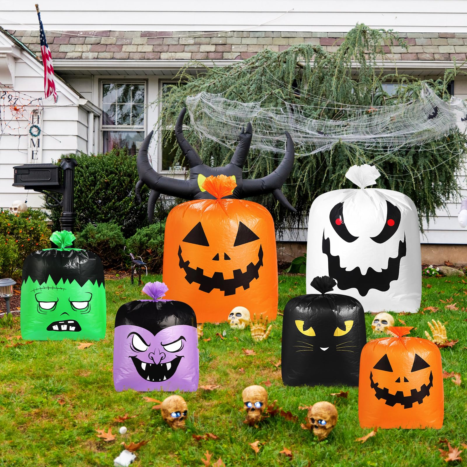 Qilery 6-Pack Halloween Pumpkin Leaf Bags - Reusable Plastic Lawn & Yard Waste Bags with Twist Ties | Fall Decor, Outdoor Party Favors & Halloween Goodie Bags for Garden, Trash Collection & Seasonal Decorations