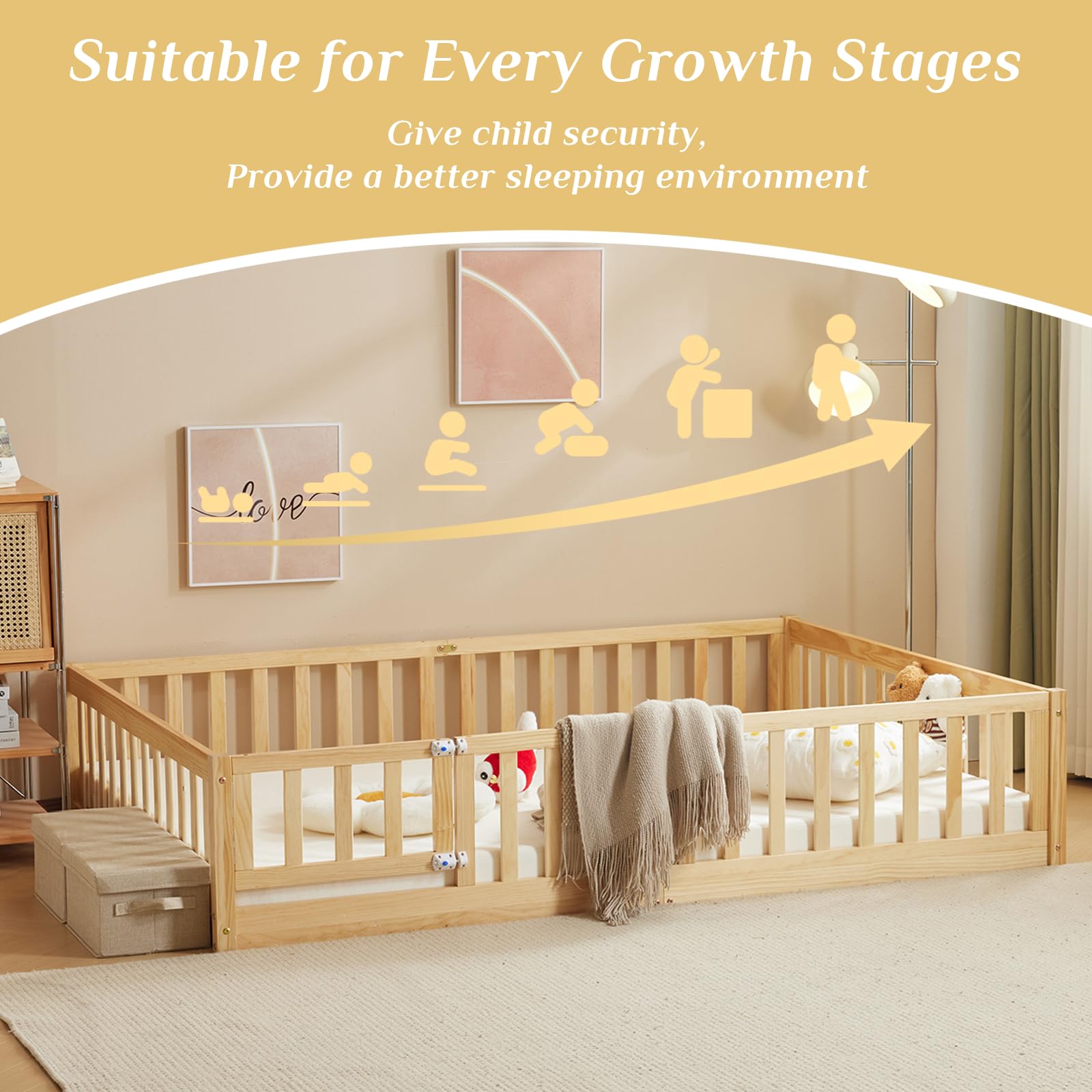 Montessori Toddler Floor Bed with Door & Safety Fence - Solid Wood Queen Size Kids Bed Frame with 12 Slats & Guardrails for Boys & Girls (Natural) - Perfect for Montessori Bedrooms, Safe Sleep Training & Child Independence Development