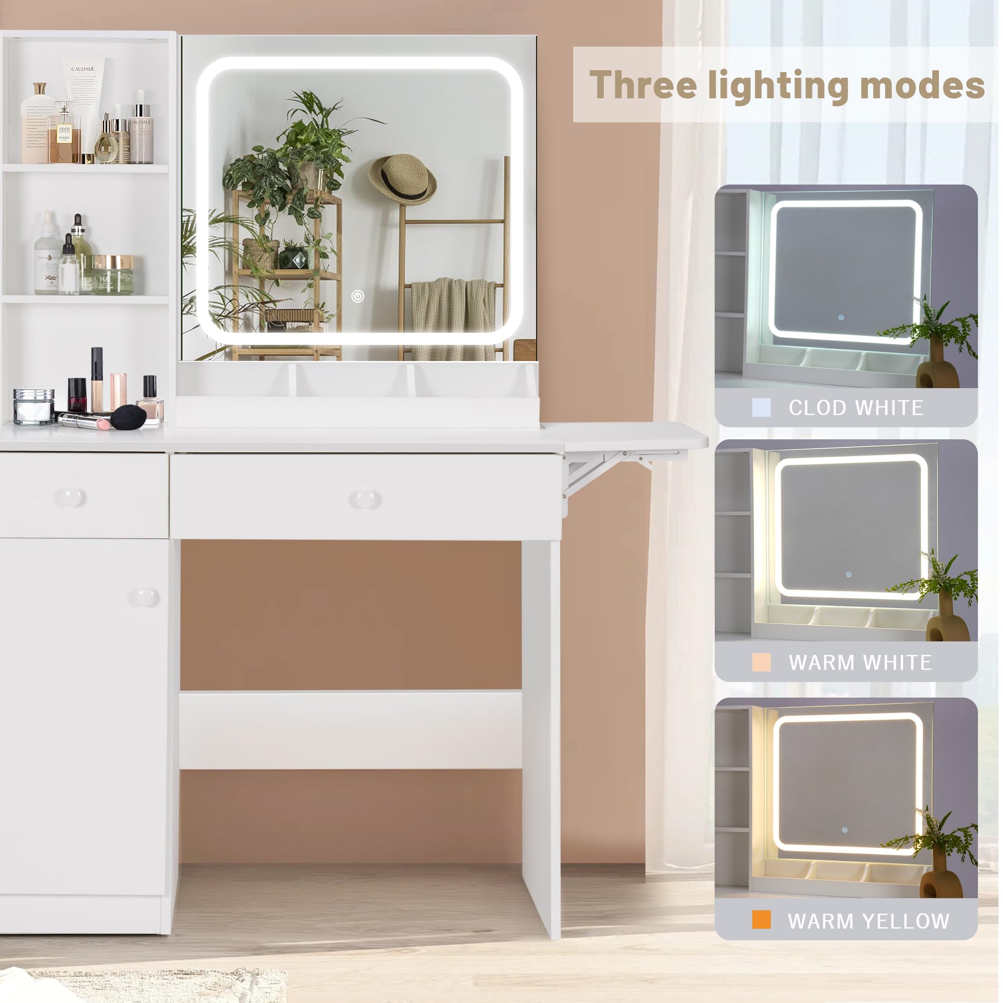 White Vanity Desk with LED Lights & Mirror - Makeup Vanity Table with Charging Station, Storage Drawers & Adjustable Stool - Perfect for Bedroom, Dressing Room & Home Office Organization