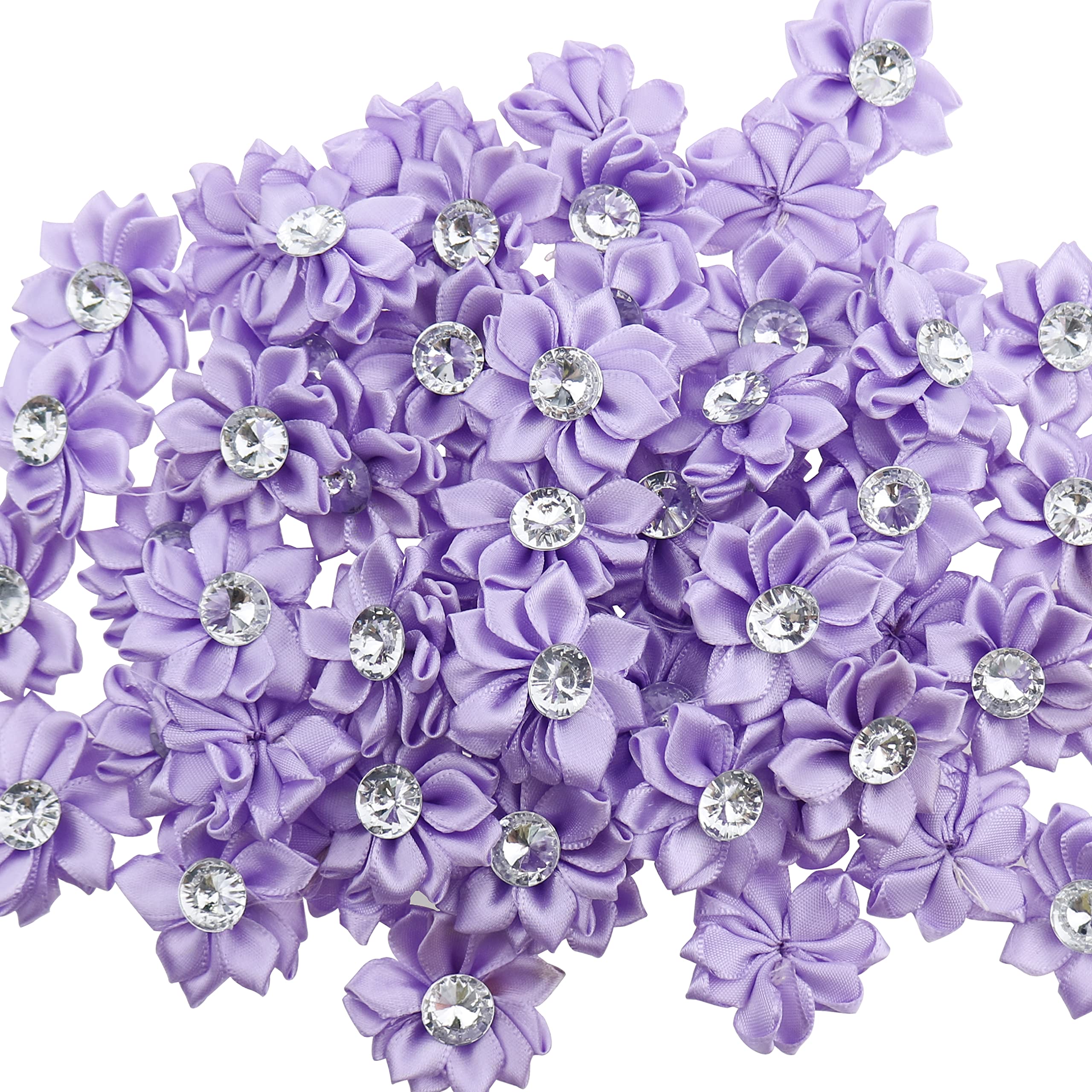 60 PCS Purple Satin Ribbon Flowers with Rhinestones - DIY Wedding Bouquet Accessories, Bridal Hair Clips, Gift Wrapping Decorations for Parties and Crafts