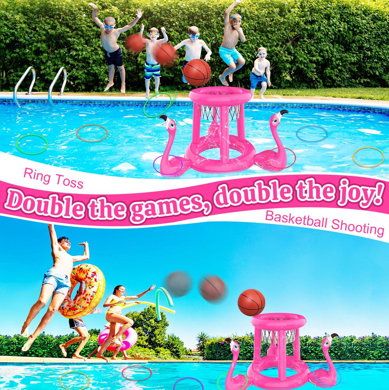 2-in-1 Pool Floats Set - Basketball Hoop & Ring Toss for Kids 8-12 | Summer Water Games