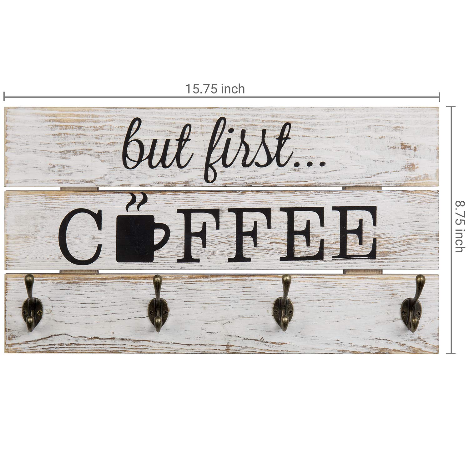 MyGift 8-Hook Wall Mounted Mug Rack - Whitewashed Solid Wood Coffee Bar Organizer with 