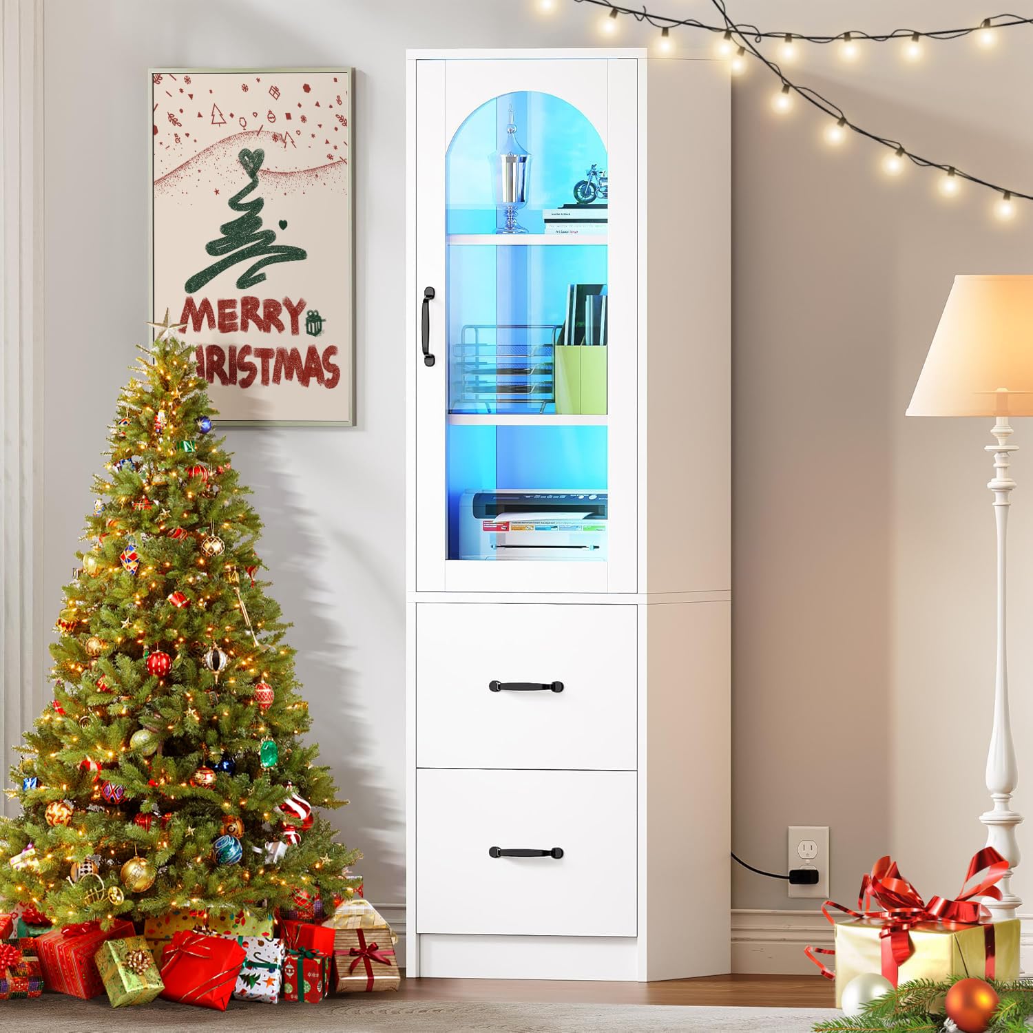 YITAHOME 2-Drawer File Cabinet with Bookshelf & Glass Doors - LED Light, Printer Stand & Storage Shelf - Wood Home Office Cabinet Fits Letter, Legal & A4 Size (White) - Perfect for Organizing Documents & Office Supplies in Small Spaces