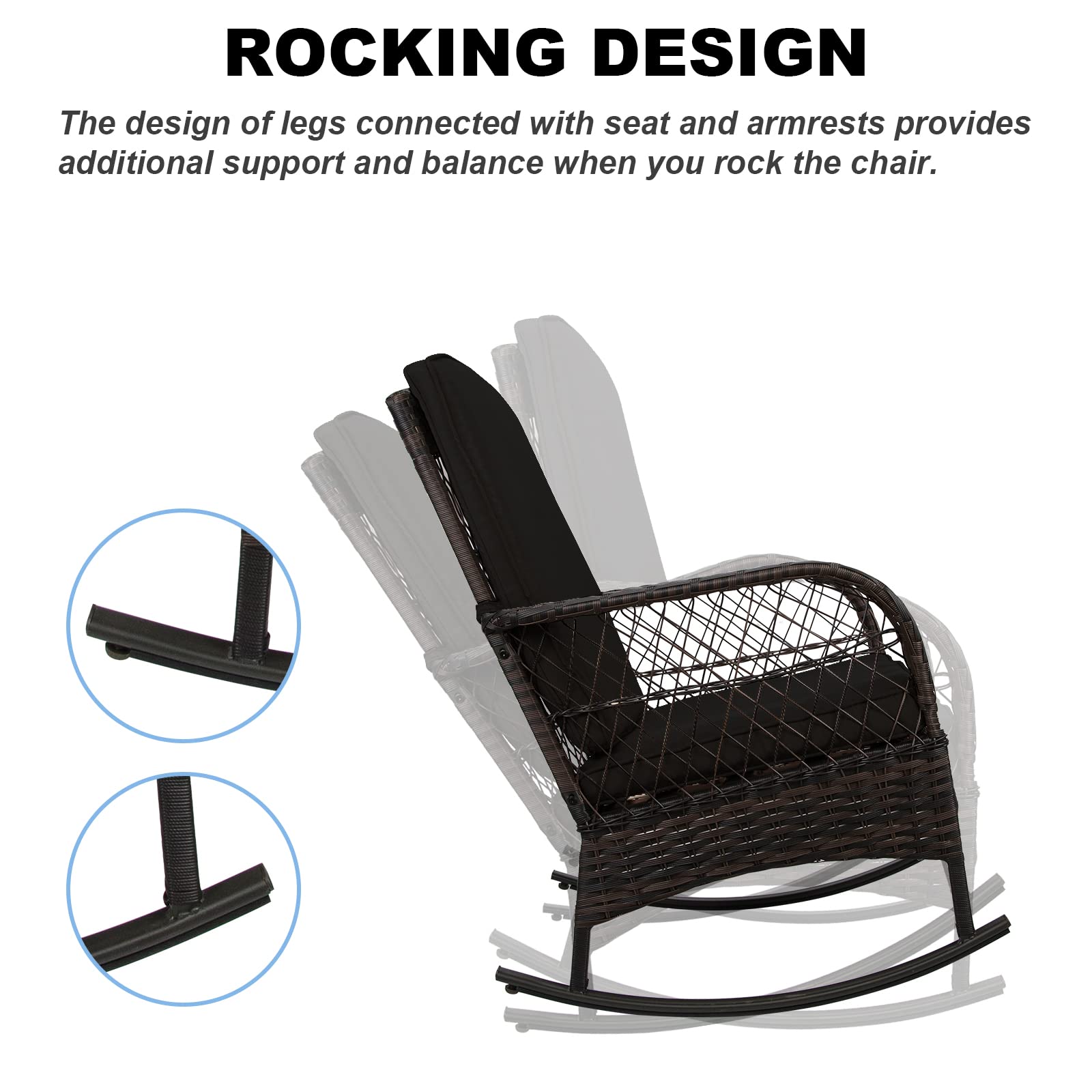LEVELEVE 3-Piece Outdoor Rocking Bistro Set - PE Wicker Patio Conversation Chairs with Comfortable Rocking Motion (Black) - Perfect for Backyard, Garden, Porch or Poolside Relaxation