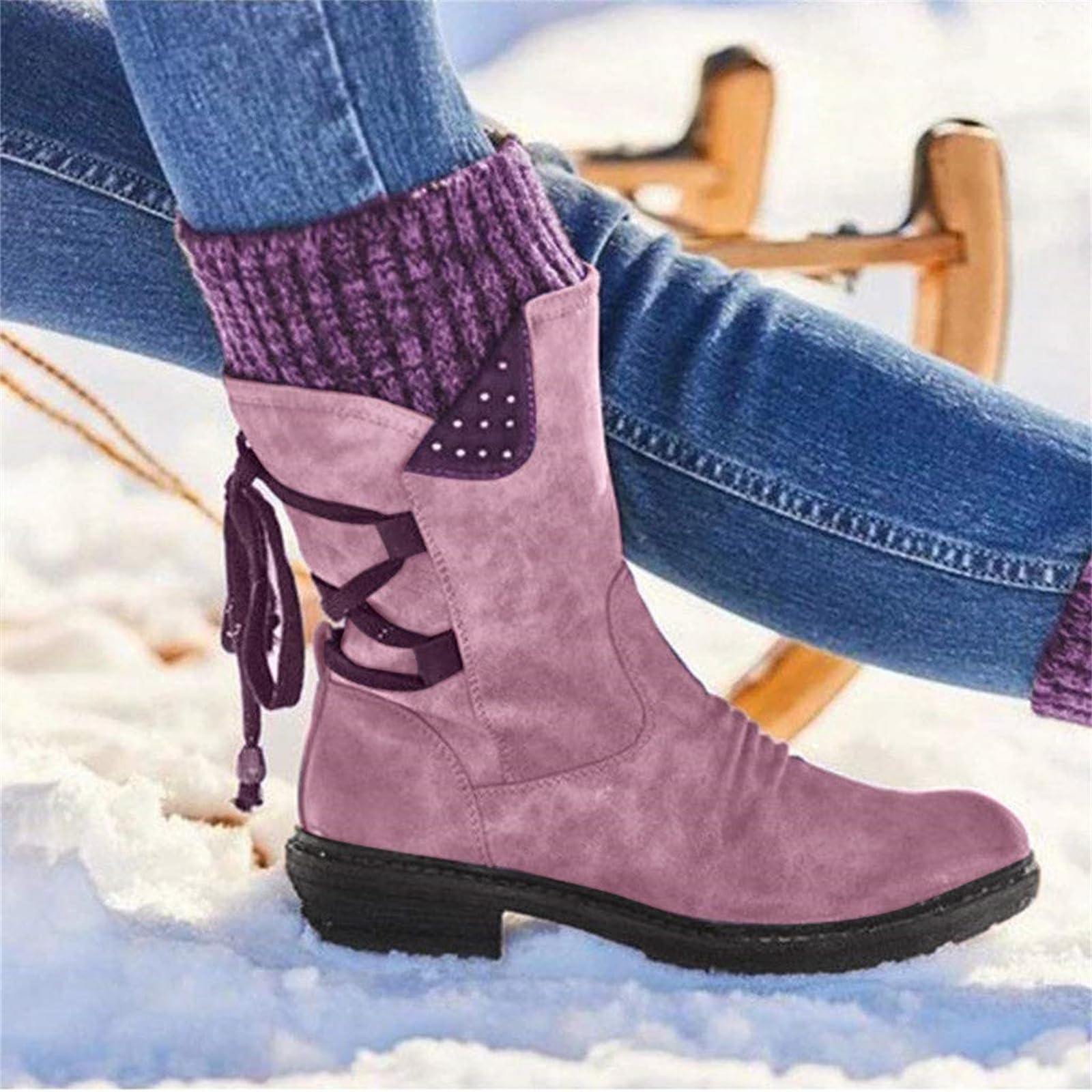 Heccie Women's Wide Calf Lace Up Boots with Built-in Socks - Black Lockable Ankle Boots for Winter Fashion & Outdoor Activities