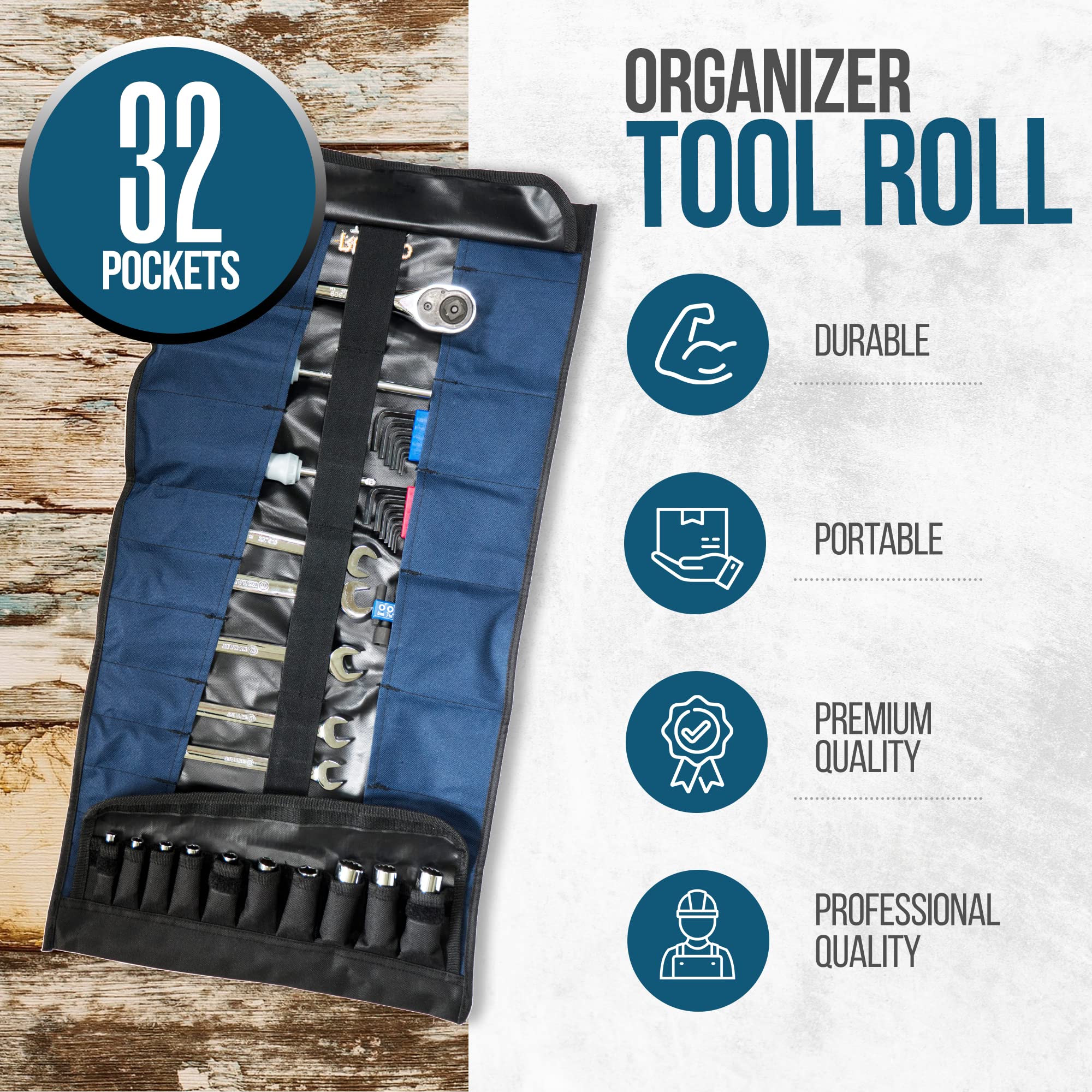 Rugged Tools 32 Pocket Heavy Duty Tool Roll Organizer - Wrench Roll Pouch with 10 Socket Holders | Durable Tool Bag for Electricians, HVAC Technicians, Plumbers, Carpenters & Mechanics | Perfect for Workshop, Job Site & Vehicle Tool Storage