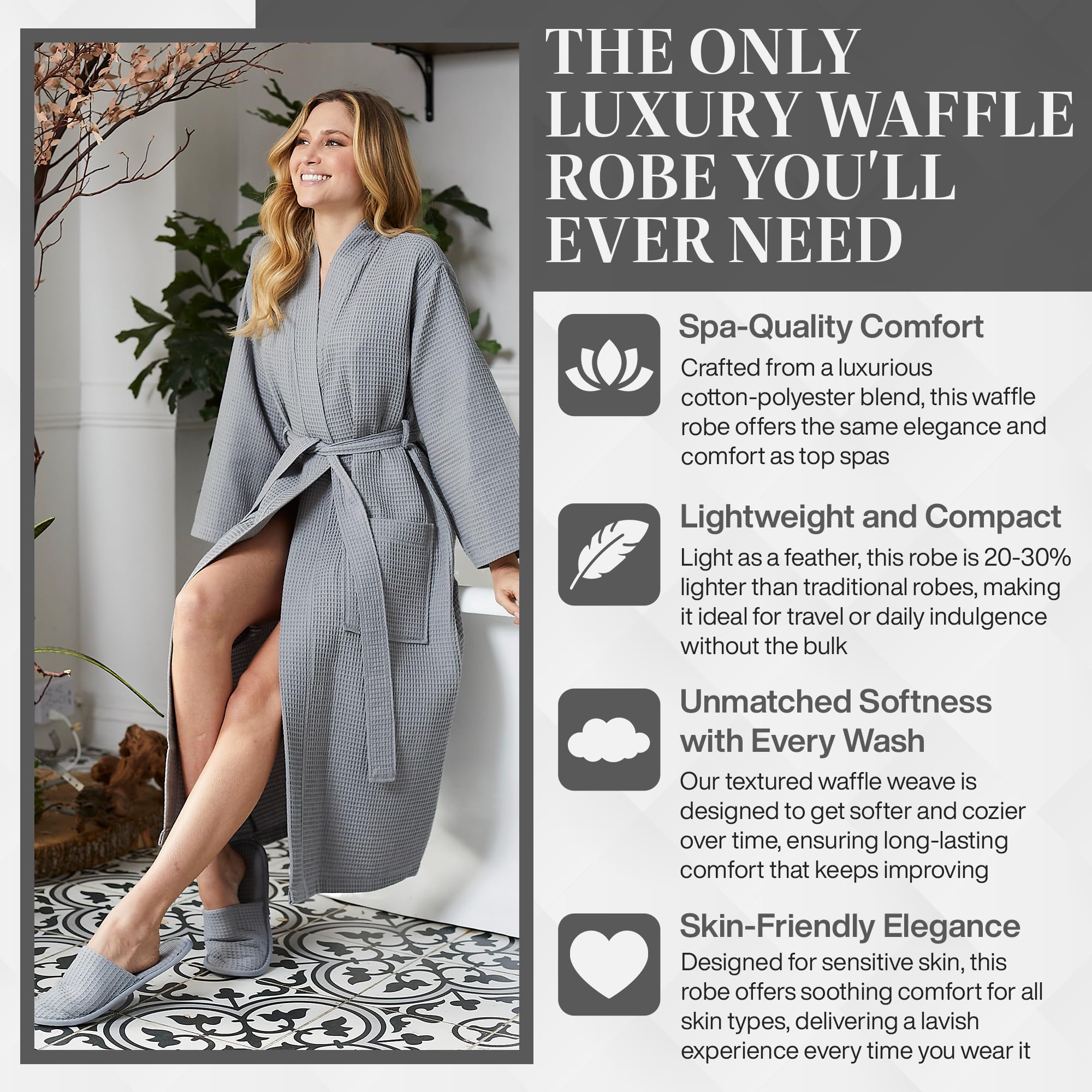 Lotus Linen Women's Lightweight Waffle Weave Robe - Soft Long Cotton Bathrobe - Kimono Style Spa Robe for Women - Perfect for Bath, Lounge & Relaxation at Home