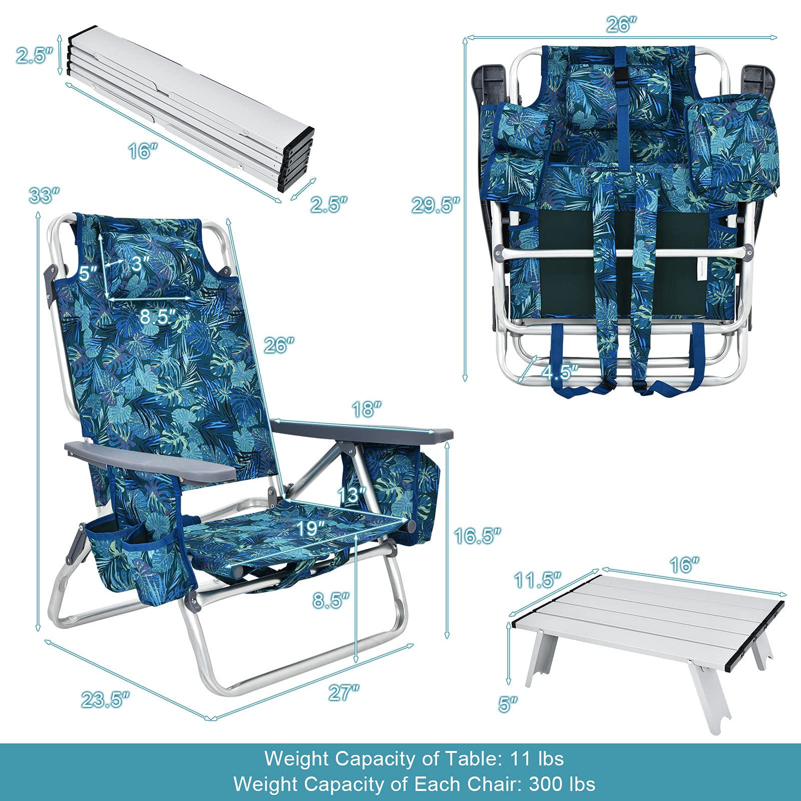 Gymax 2-Pack Portable Folding Beach Chairs with Cooler Bag, Cup Holder & Side Pockets - Lightweight Backpack Camping Chairs for Outdoor, Picnic, Travel, Pool Party & Beach Relaxation (Blue Leaves Pattern, Includes Table)