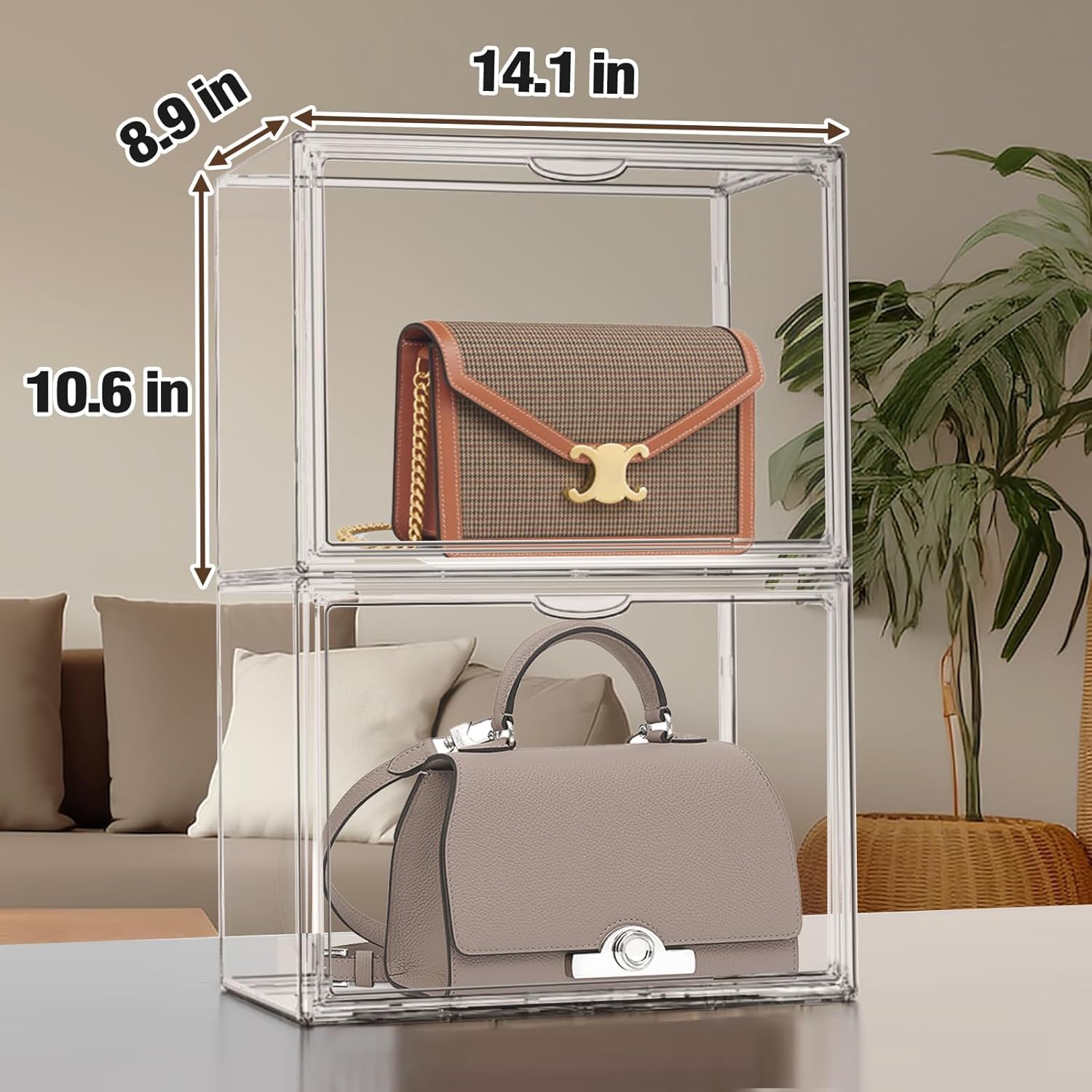 4-Pack Clear Stackable Plastic Storage Bins with Magnetic Lid - Acrylic Shoe Display Case for Books, Cosmetics, Figures & Collectibles - Perfect for Shoe Box, Handbag & Home Organization (Ideal for Closet, Office & Retail Display)