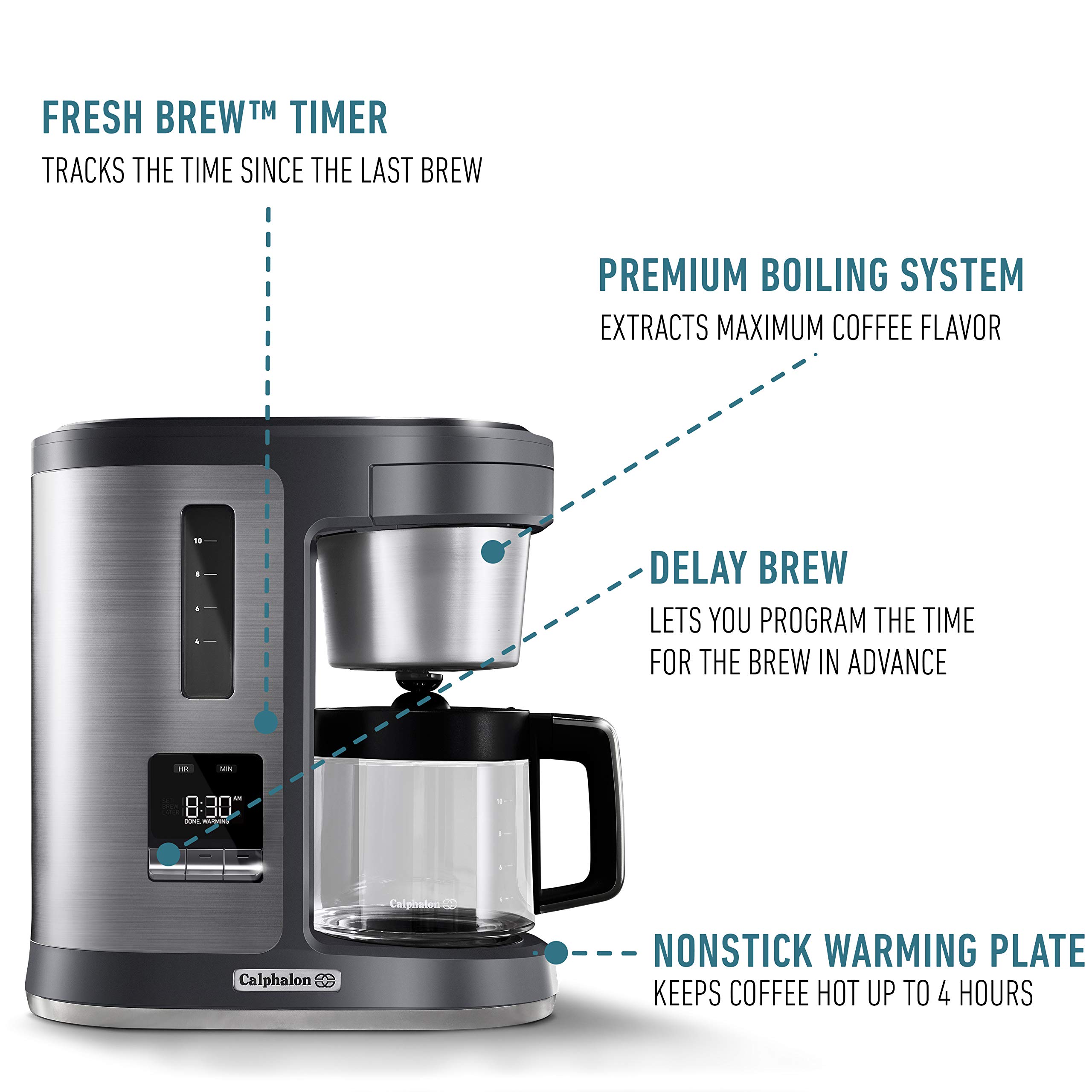 Calphalon BVCLDCG1 Perfect-Brew 10-Cup Coffee Maker, Dark Stainless Steel - Fast Brewing Programmable Drip Coffee Machine for Home & Office Use