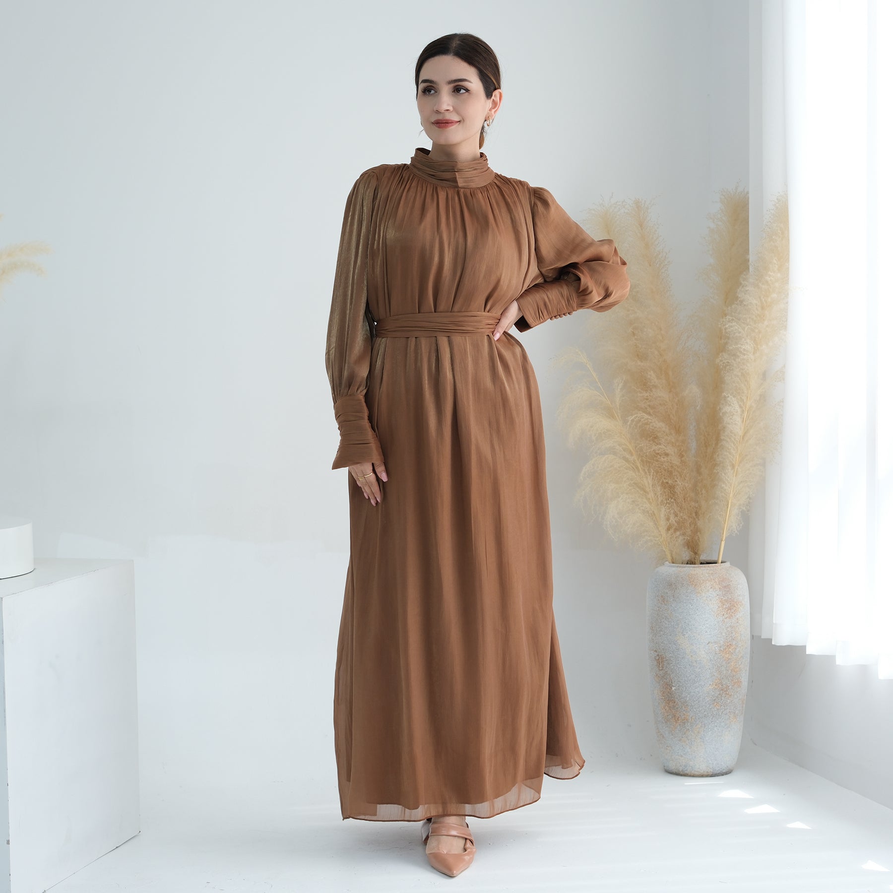 Indira Sparkles Long Sleeve Maxi Dress for Women - Elegant Boho Flowy Evening Gown in Brown | Perfect for Weddings, Parties & Special Occasions