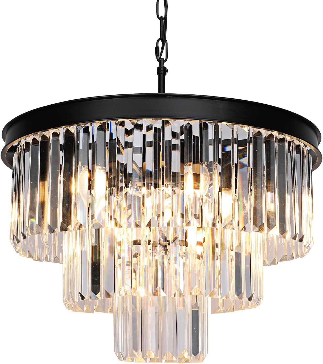 9-Light Black Modern Crystal Chandelier - 3-Tier Round Ceiling Light Fixture for Dining Room, Bedroom, Living Room, Entryway & Kitchen Island (20 Inch Diameter) - Elegant Lighting for Home Decor & Special Occasions