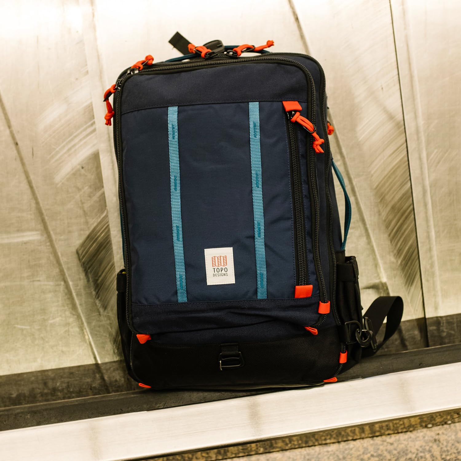 Topo Designs 30-40L Travel Backpack - Carry-On Compliant Durable Hiking & Commuter Bag with 3 Carry Options & Laptop Sleeve (30L Denim) - Perfect for Air Travel, Camping & Daily Work Commute