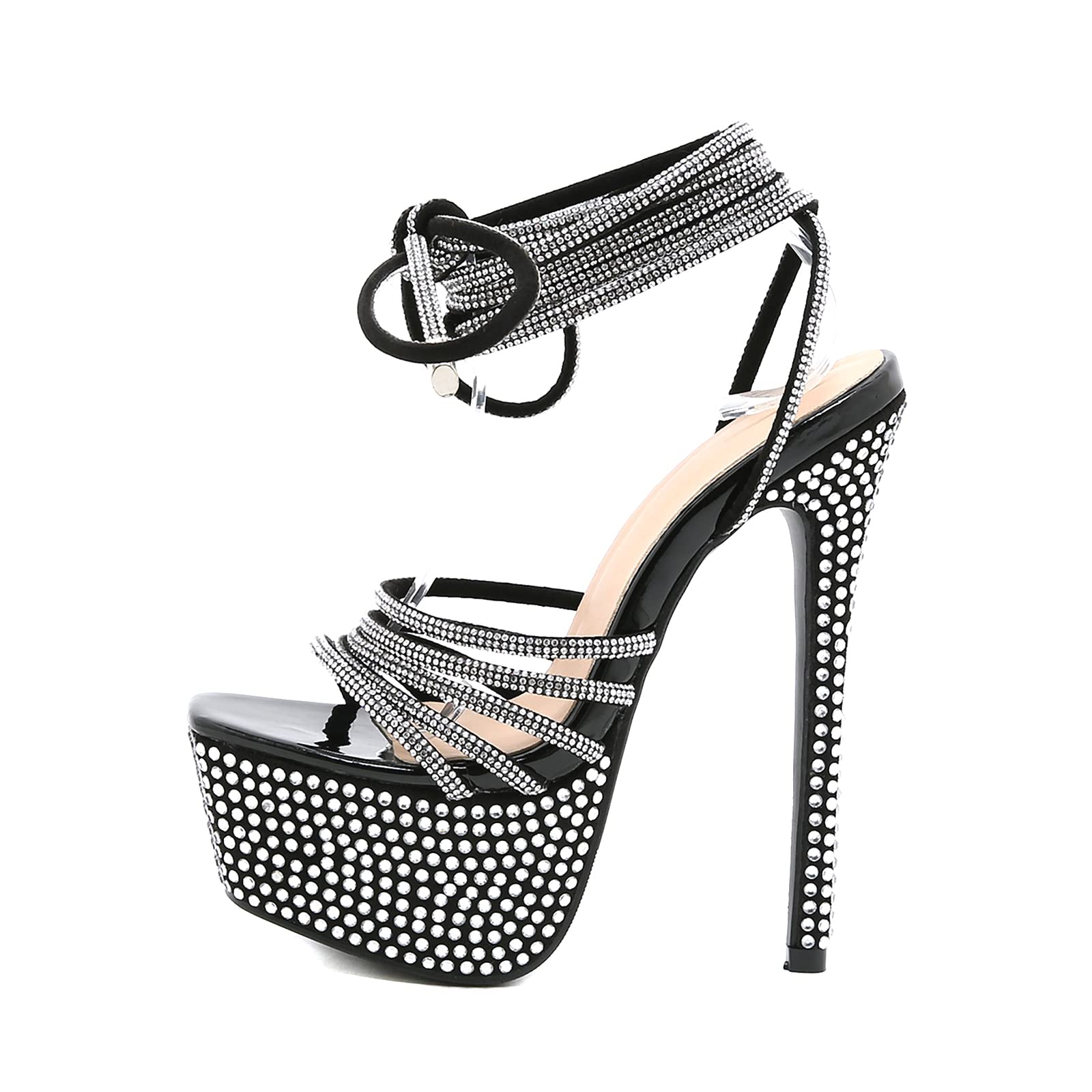 Yolkomo Women's Rhinestone Lace-Up Stiletto High Heel Sandals - Sexy Platform Heels for Parties, Weddings & Evening Events