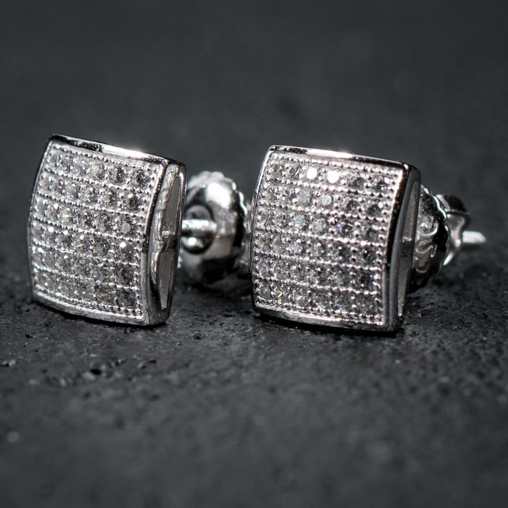 3D Square Iced 5A CZ Stone Micro Pave White Gold Plated 925 Sterling Silver Hypoallergenic Men's Cubic Zirconia Earrings - Screw Back Post Cube Design for Hip Hop Style | Perfect Gift for Husband & Boyfriend | Ideal for Parties, Weddings & Casual Wear