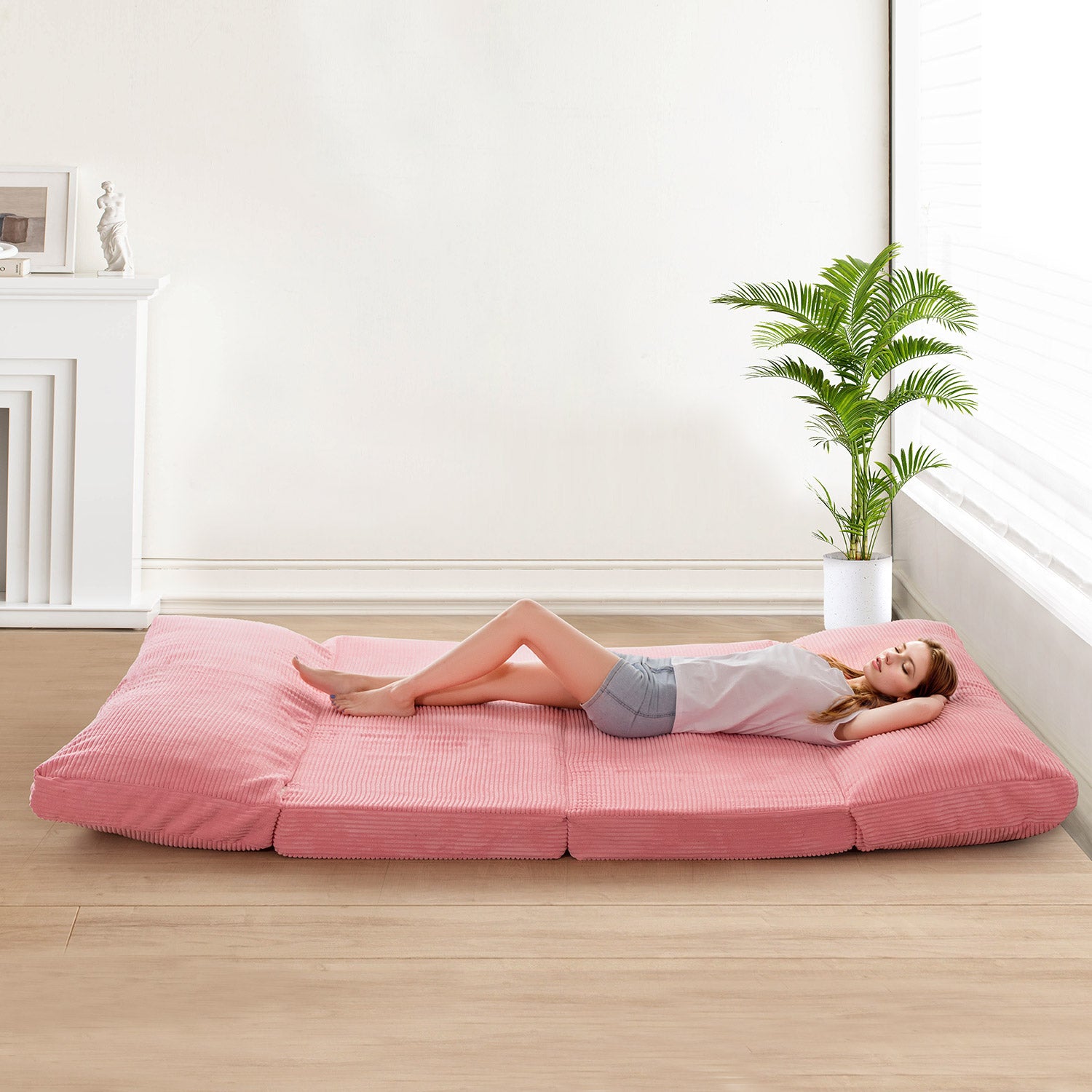 MAXYOYO Corduroy Bean Bag Sofa Bed - 4-Folding Floor Lounger in Pink | Comfortable Convertible Chair for Living Room, Bedroom & Dorm | Perfect for Relaxing, Gaming & Movie Nights