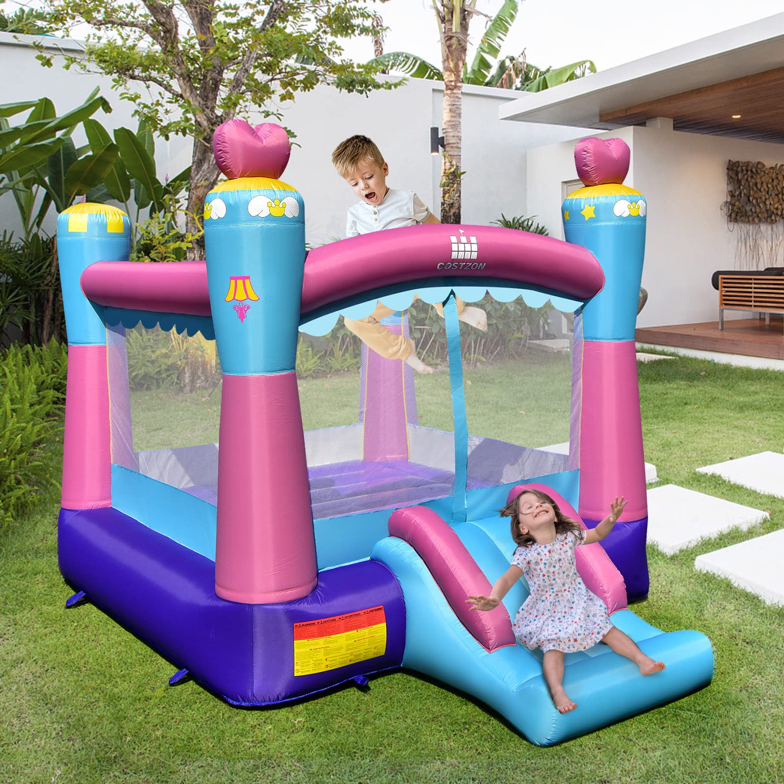 **Costzon Inflatable Bounce House for Kids - Indoor & Outdoor Play with Basketball Rim - Portable Toddler Castle Bouncy House - Perfect for Backyard Birthday Parties, Family Gatherings & Outdoor Fun**