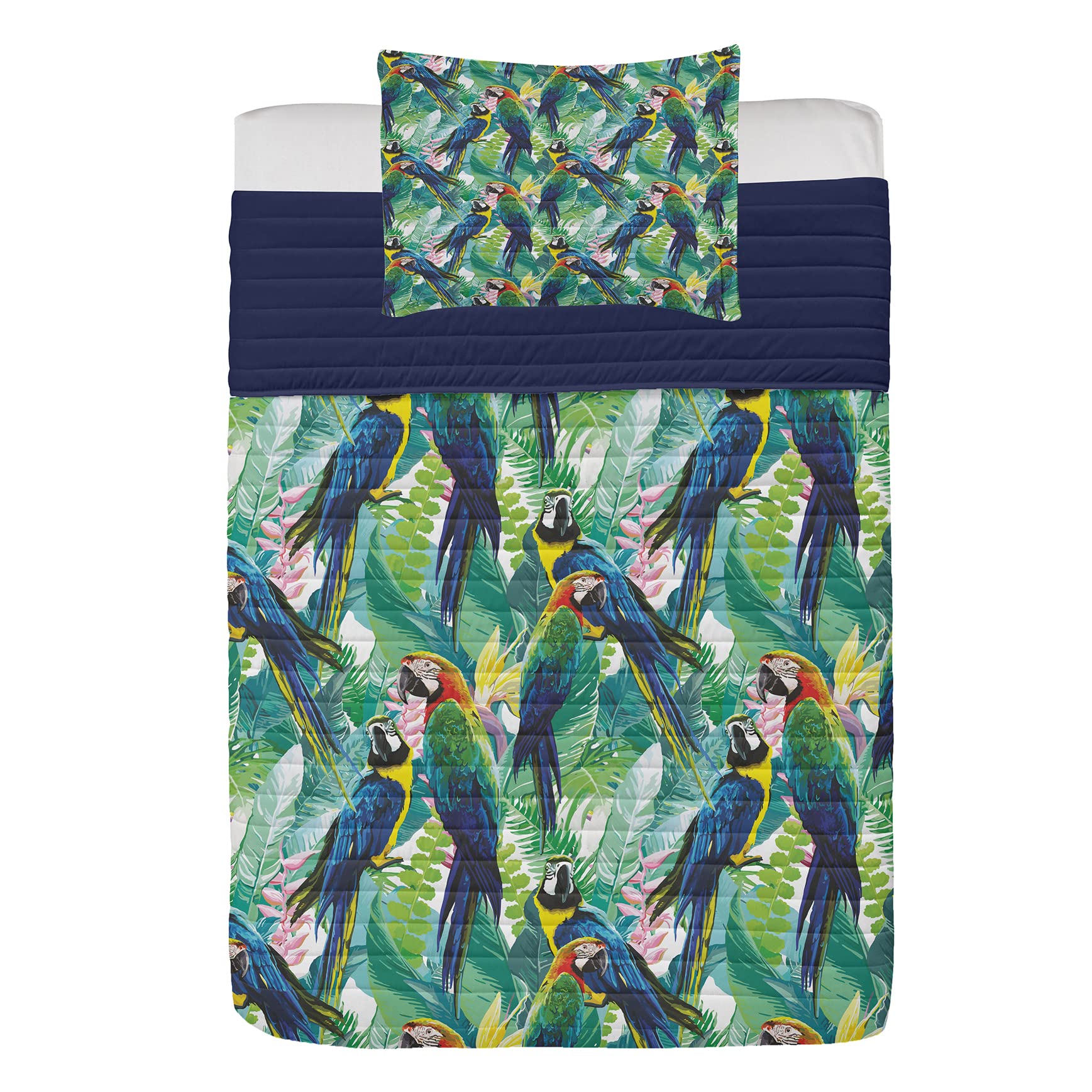 Lunarable Parrots Microfiber Bedspread Set - Colorful Tropical Parrot & Flower Design, Soft Twin Size Comforter with Pillow Shams in Navy Blue Green Yellow | Perfect for Warm Weather, Garden-Themed Bedrooms & Vacation Home Decor