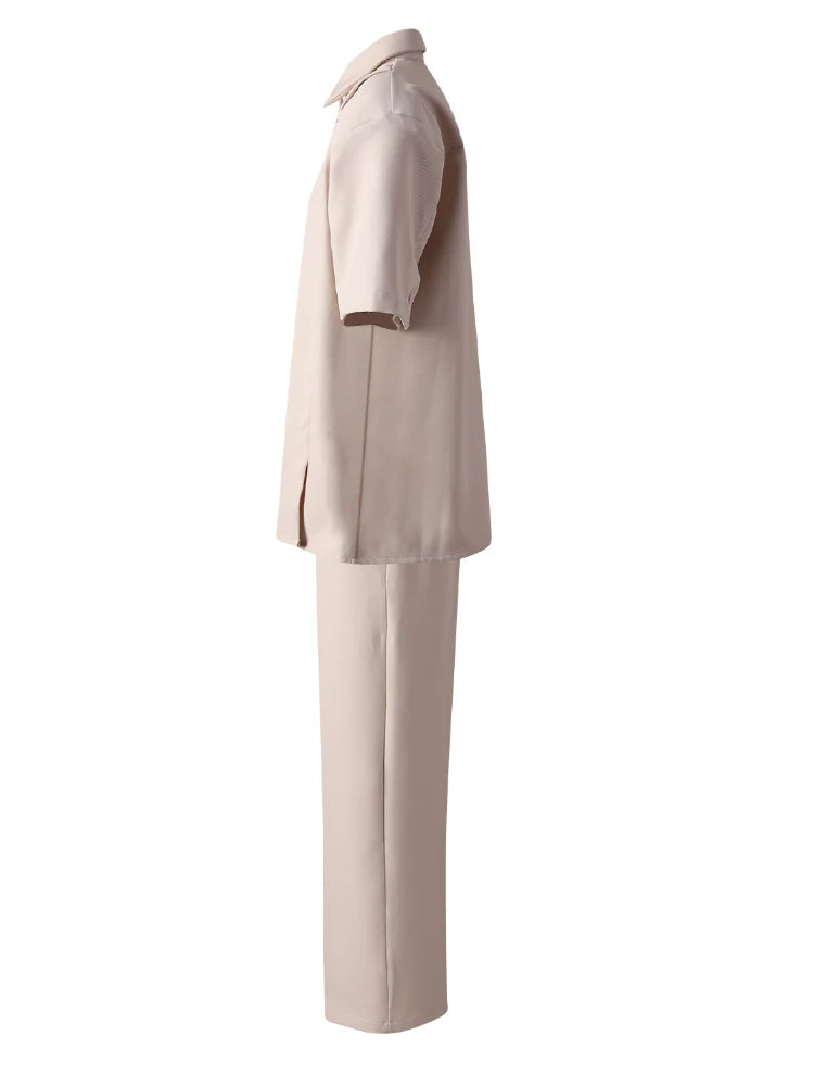 Women's Big Size Rose Red Shirt & Wide Leg Pants Two-Piece Suit - 2025 Spring Summer Fashion Trendy Lapel Short Sleeve Outfit (CPG3119) | Perfect for Office Wear, Date Night & Summer Parties