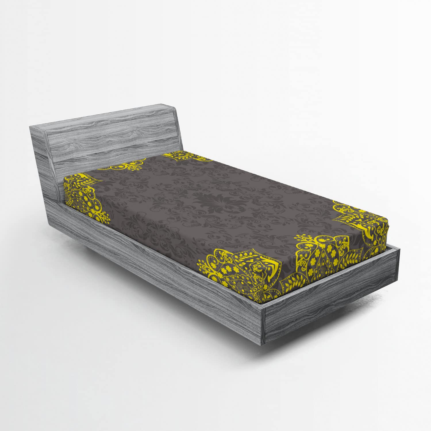 Ambesonne Grey and Yellow Fitted Sheet - Victorian Style Floral Design Deep Pocket Twin Size Bed Cover | Soft Elastic All-Around for Comfort | Perfect for Guest Rooms, Dorms & Cozy Bedroom Decor