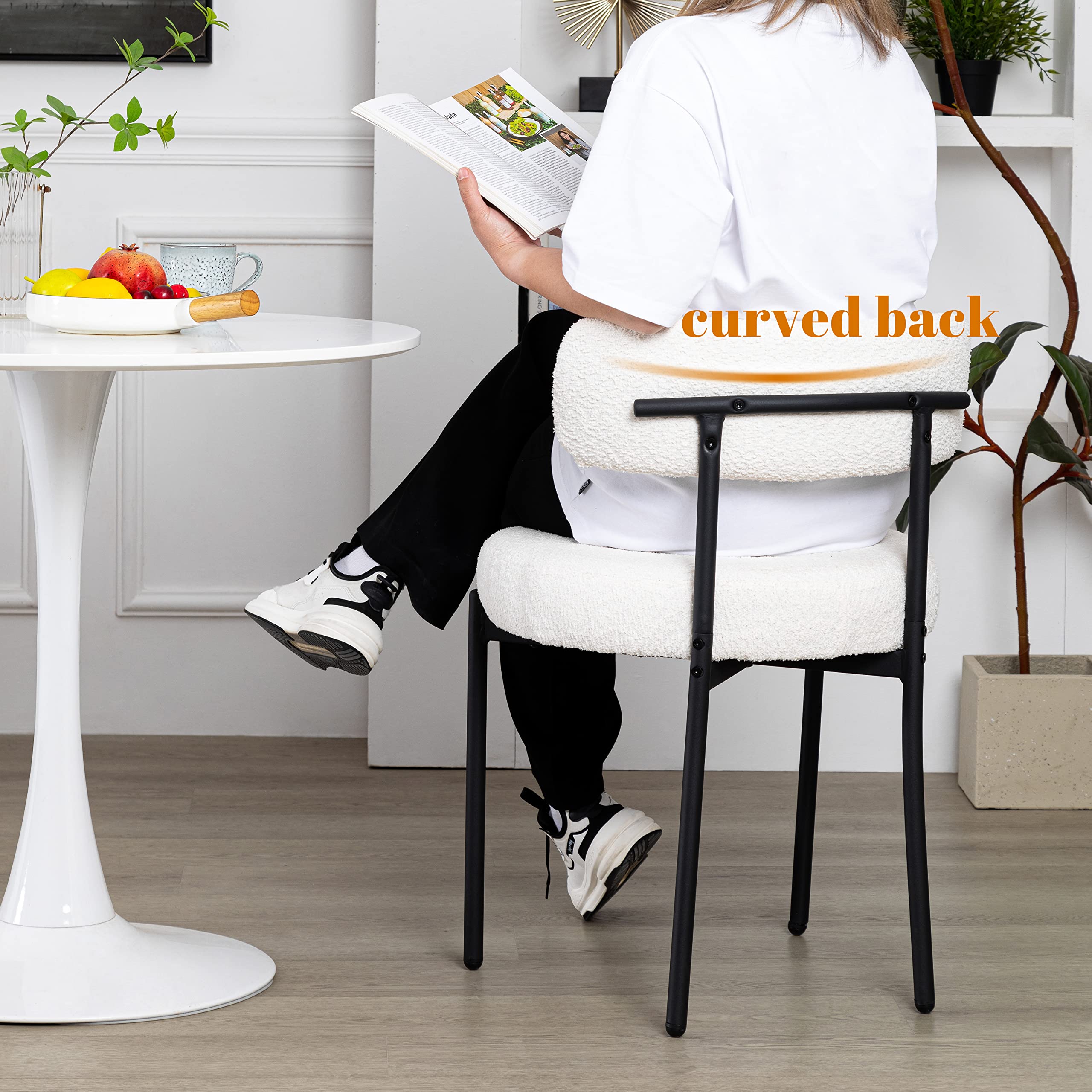 DYHOME 6-Piece White Boucle Dining Chairs Set - Mid Century Modern Upholstered Chairs with Curved Backrest & Black Metal Legs - Perfect for Kitchen, Dining Room, Restaurant & Cafe