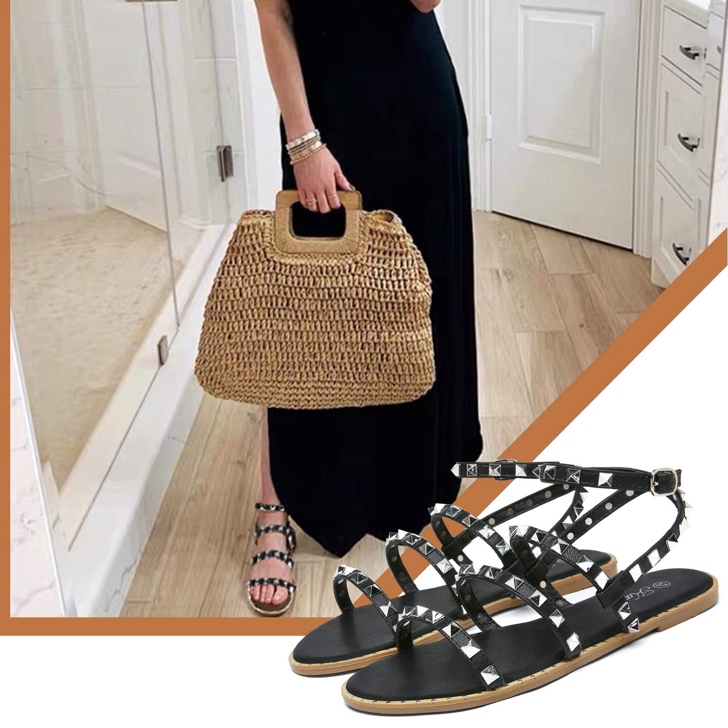 Katliu Women's Strappy Studded Gladiator Flat Sandals with Ankle Strap - Comfortable Summer Casual Shoes for Beach, Vacation & Daily Wear