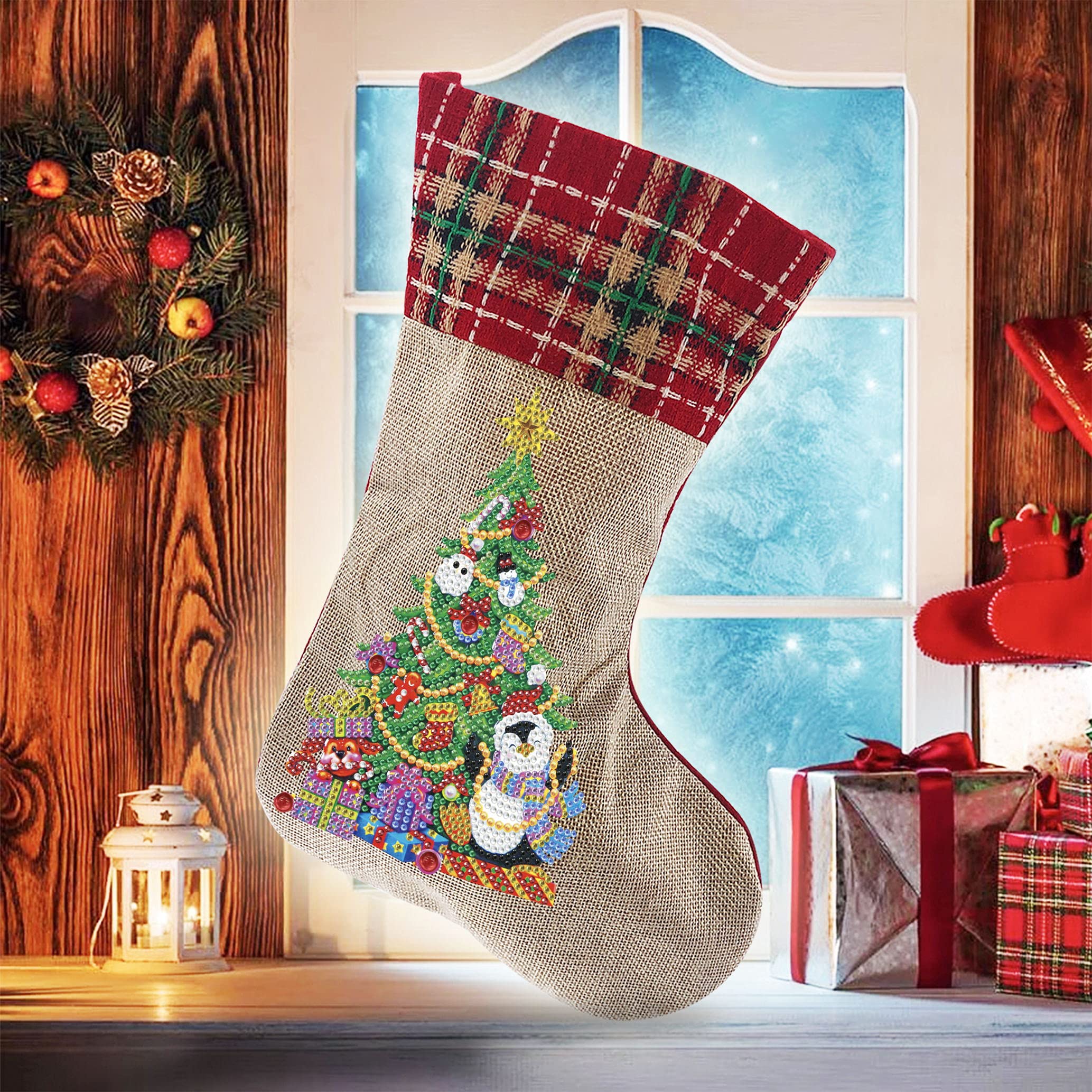 5D Diamond Painting Christmas Stockings Kit - DIY 14 Inch Holiday Penguin & Tree Design for Fireplace Decor, Xmas Party, Family Gifts & Festive Home Decoration | Perfect for Christmas Crafting, Gift Giving & Seasonal Celebrations