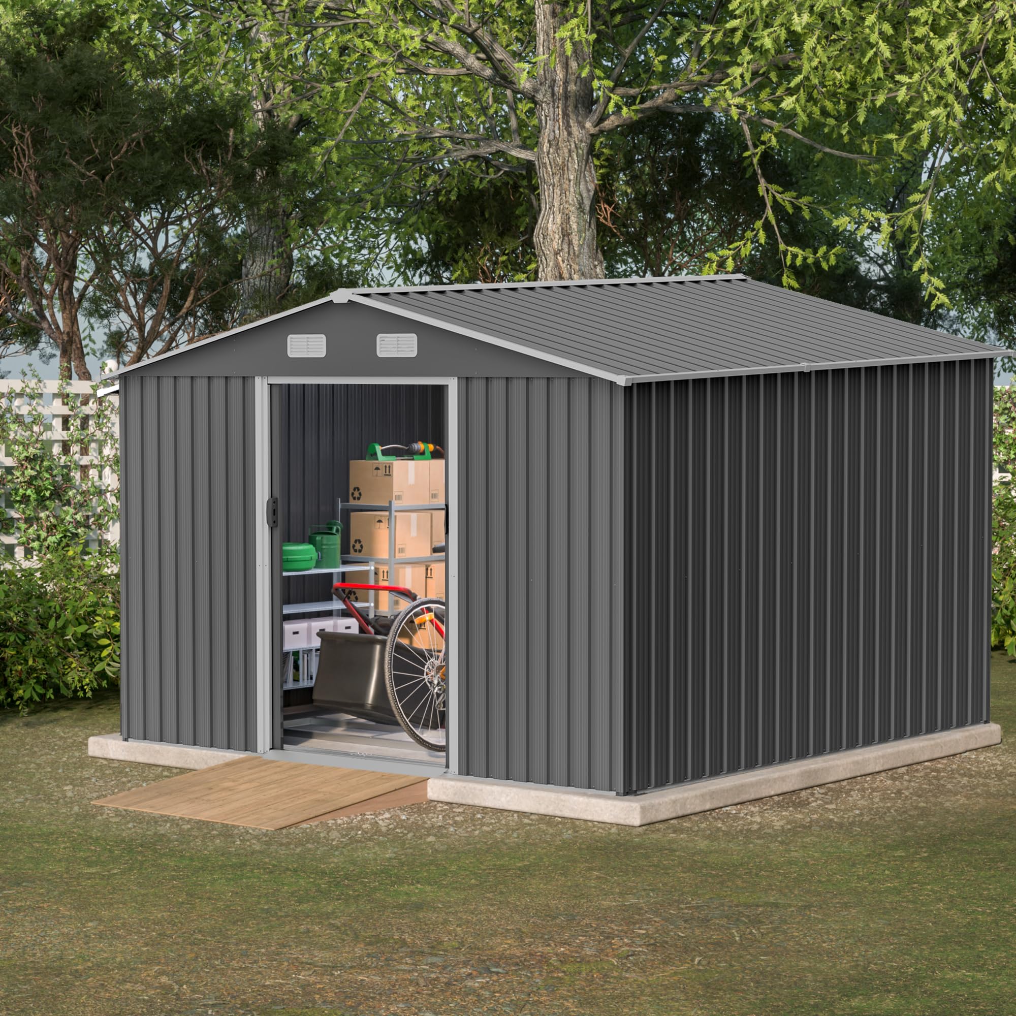 10x8 FT Heavy Duty Outdoor Storage Shed - All Weather Metal Tool Shed with Lockable Doors & Air Vent - Perfect for Garden, Patio, Backyard Storage of Bikes, Trash Cans, Lawn Mowers & Yard Equipment