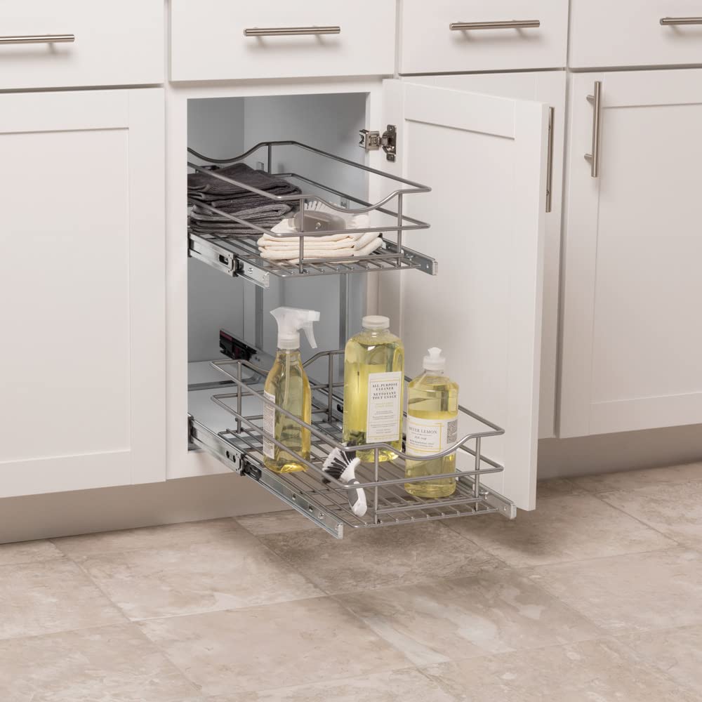 Knape & Vogt Simply Put 11-inch Wide x 19.2-inch Tall 2-Tier Pull Out Cabinet Basket Organizer in Frosted Nickel - Perfect for Kitchen, Bathroom & Pantry Storage Solutions