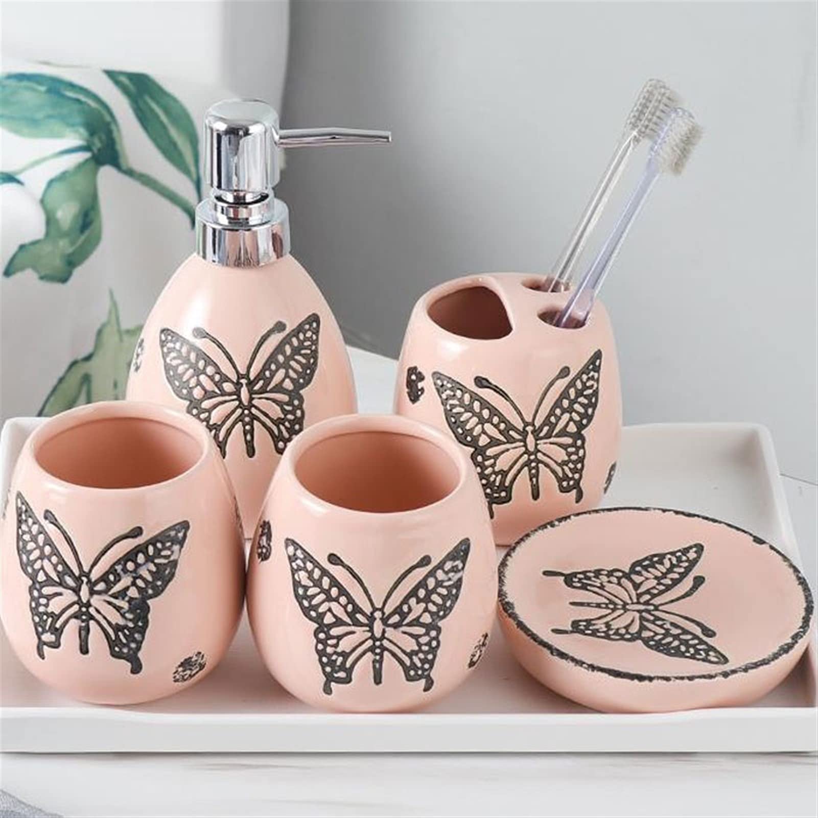 6-Piece Refillable Liquid Hand Soap Dispenser Set - Ceramic Soap Dispenser, Toothbrush Holder, Tumbler, Soap Dish & Tray | Bathroom Accessories for Hotel, Restroom & Home Decor | Perfect for Guest Bathrooms, Spa-Like Showers & Luxury Vanities