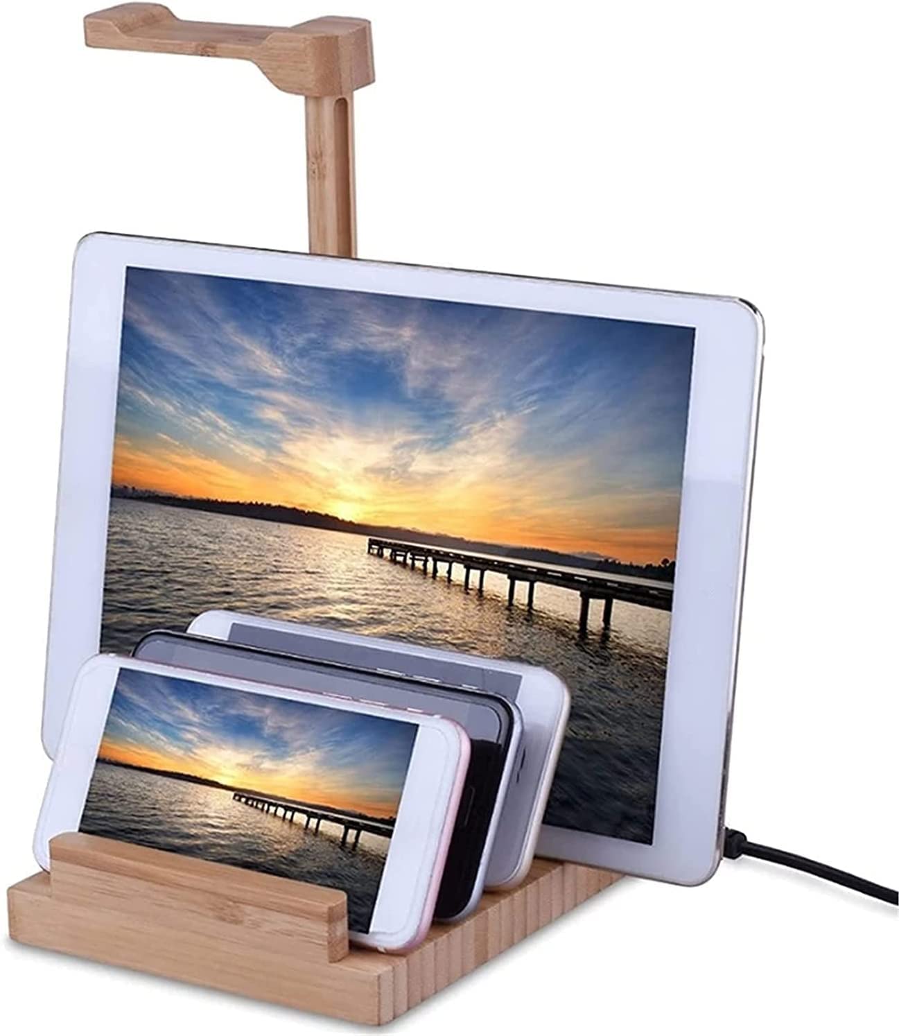 BOGAZY Wooden Headphone Stand with 3 USB Charging Ports - 2-in-1 Desk Organizer for Headset & Phone Holder - Perfect for Home Office, Gaming Setup, and Workspace Organization
