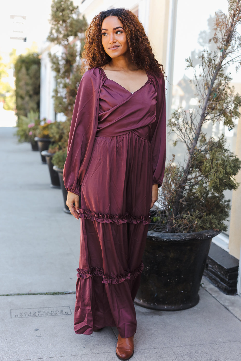 Holiday Vibes Wine Satin Front Overlap Smocked Back Maxi Dress for Women - Elegant Party Gown for Christmas, New Year & Special Occasions