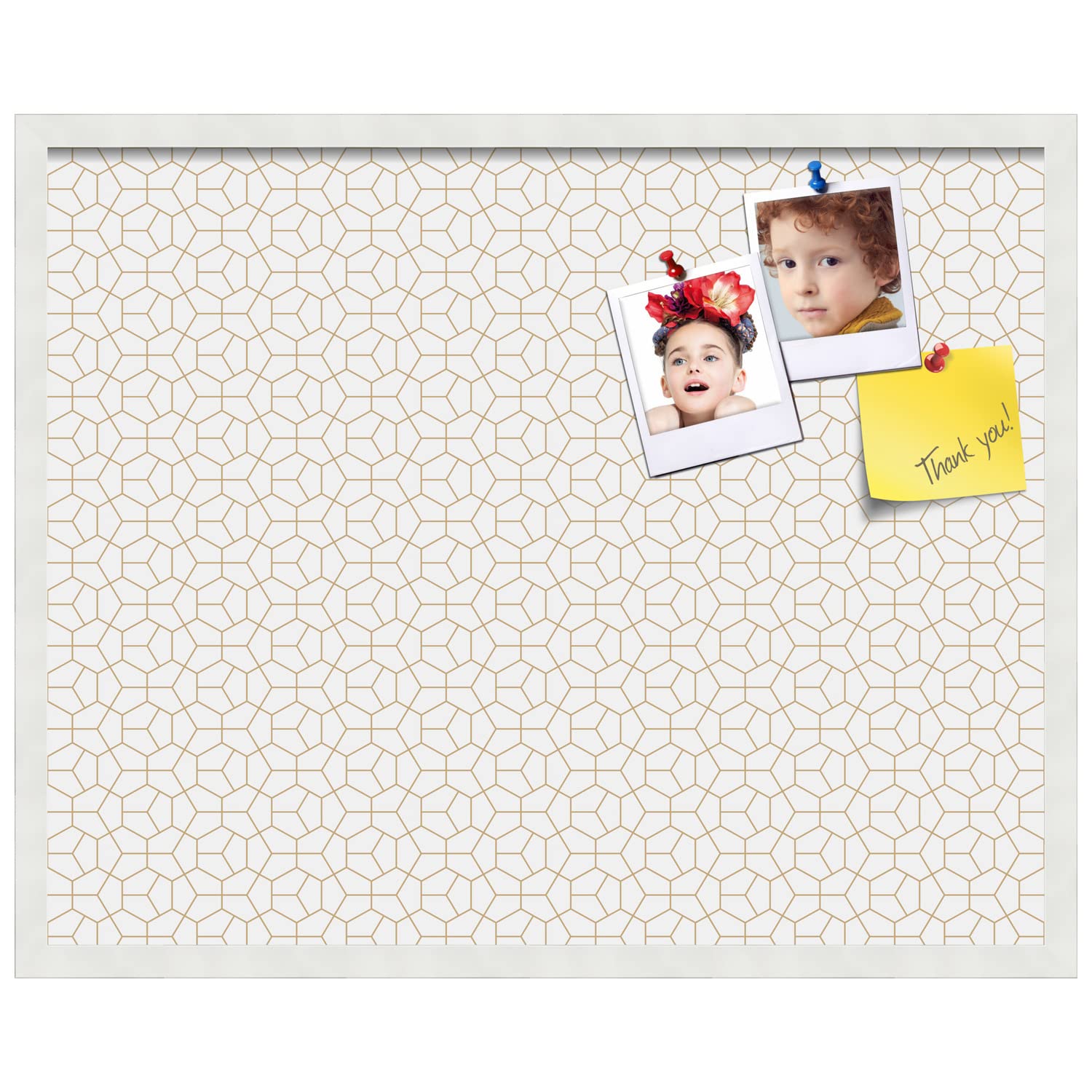 PinPix 30x24 Inch Cork Bulletin Board with Modern Hex Gold Design & Satin White Frame - Stylish Wall Organizer for Home Office Decor, School Classroom, Dorm Room & Workspace (PinPix-1537)
