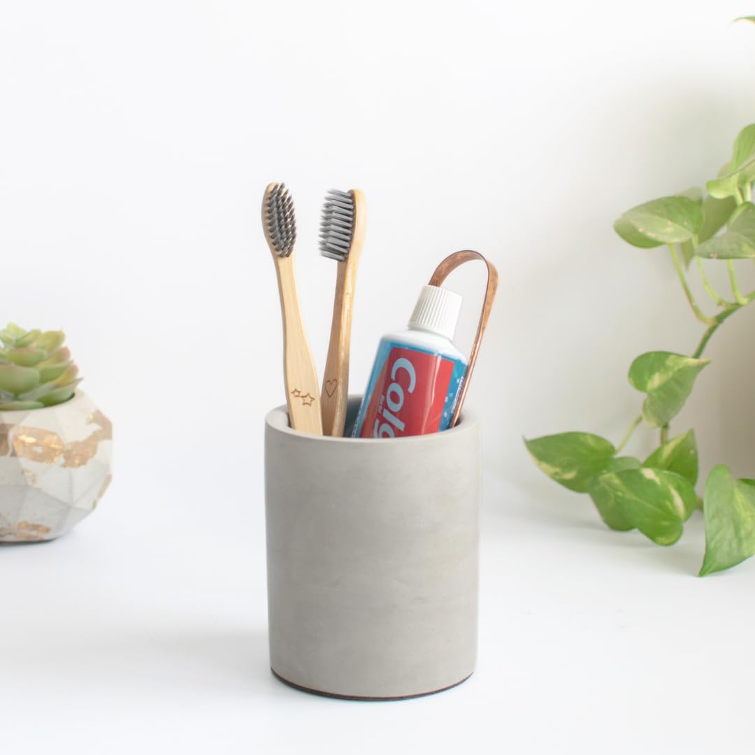 Dwell Dapper Ceramic Concrete Toothbrush Holder - Handcrafted Multi-Purpose Organizer for Bathroom & Office - Pen Holder, Remote Control Stand - Modern Grey Home Decor for Countertop & Desk Organization