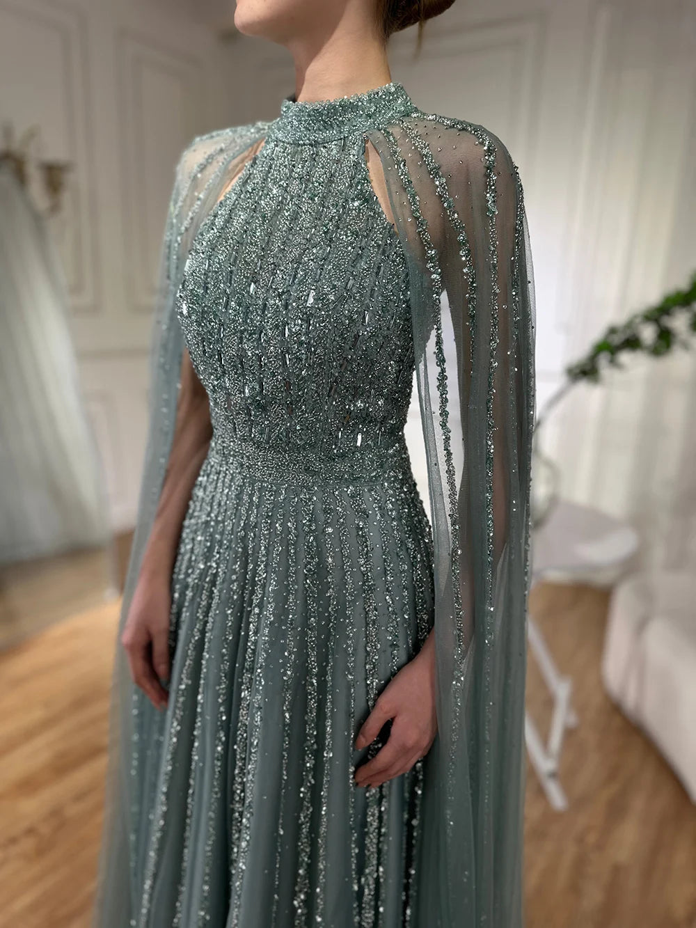 Luxury Dubai Arabic Caramel A-Line Cape Sleeve Beaded Evening Gown - Saudi Formal Dress for Women LA72306B | Perfect for Weddings, Galas & Special Occasions