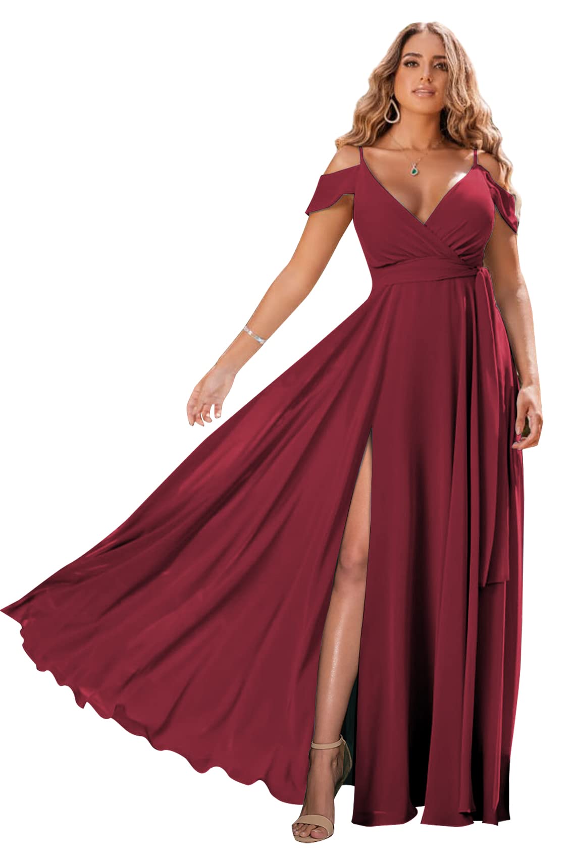 Elegant Burgundy Chiffon Long Bridesmaid Dress for Women Plus Size - Cold Shoulder V-Neck High Slit Formal Prom Gown (Size 26) | Perfect for Weddings, Parties & Special Occasions