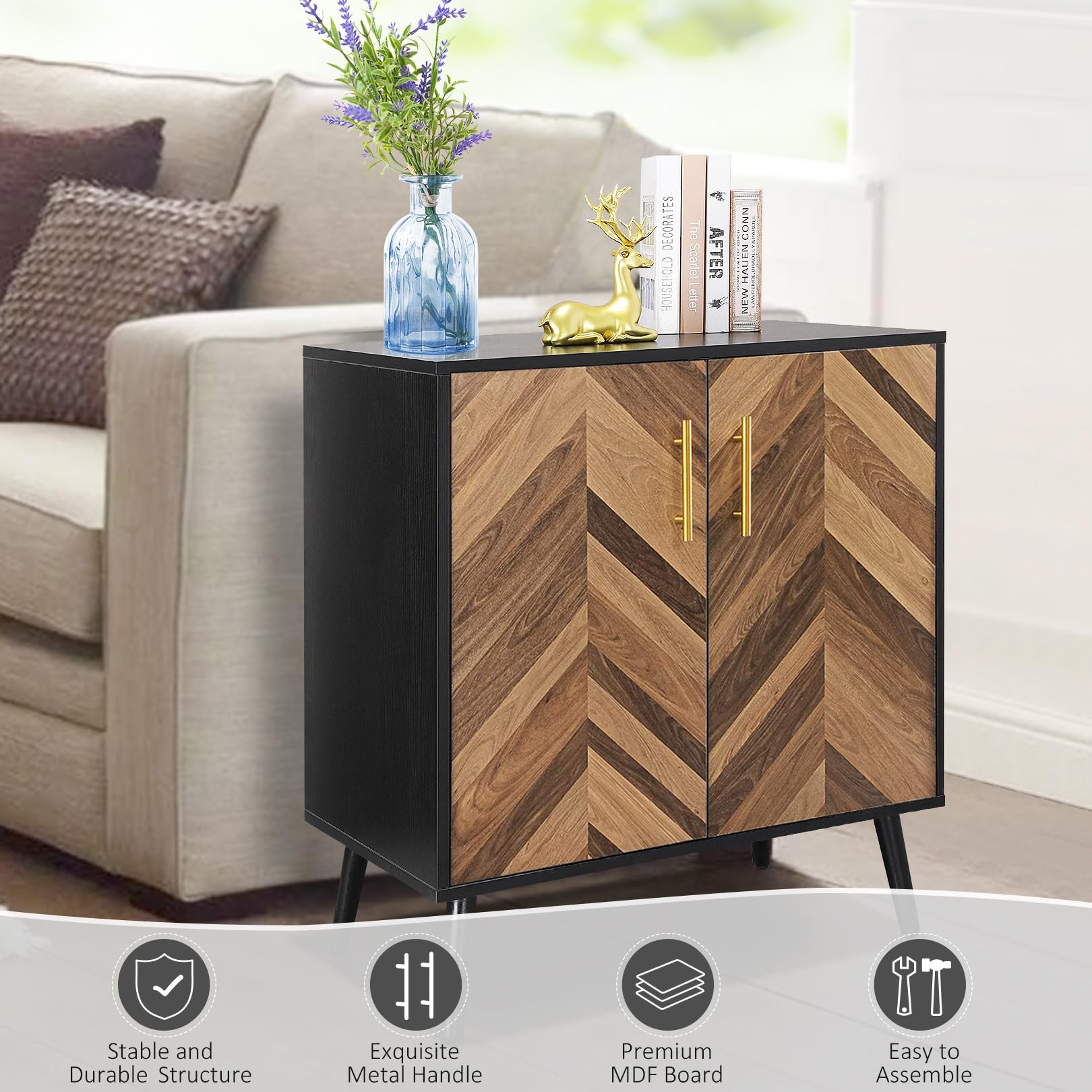 Mid Century Modern Black Accent Cabinet with Doors & Storage Shelves - Small Wood Sideboard Buffet Cabinet for Living Room, Entryway, Office - Brown Herringbone Design - Perfect for Home Decor & Storage Solutions