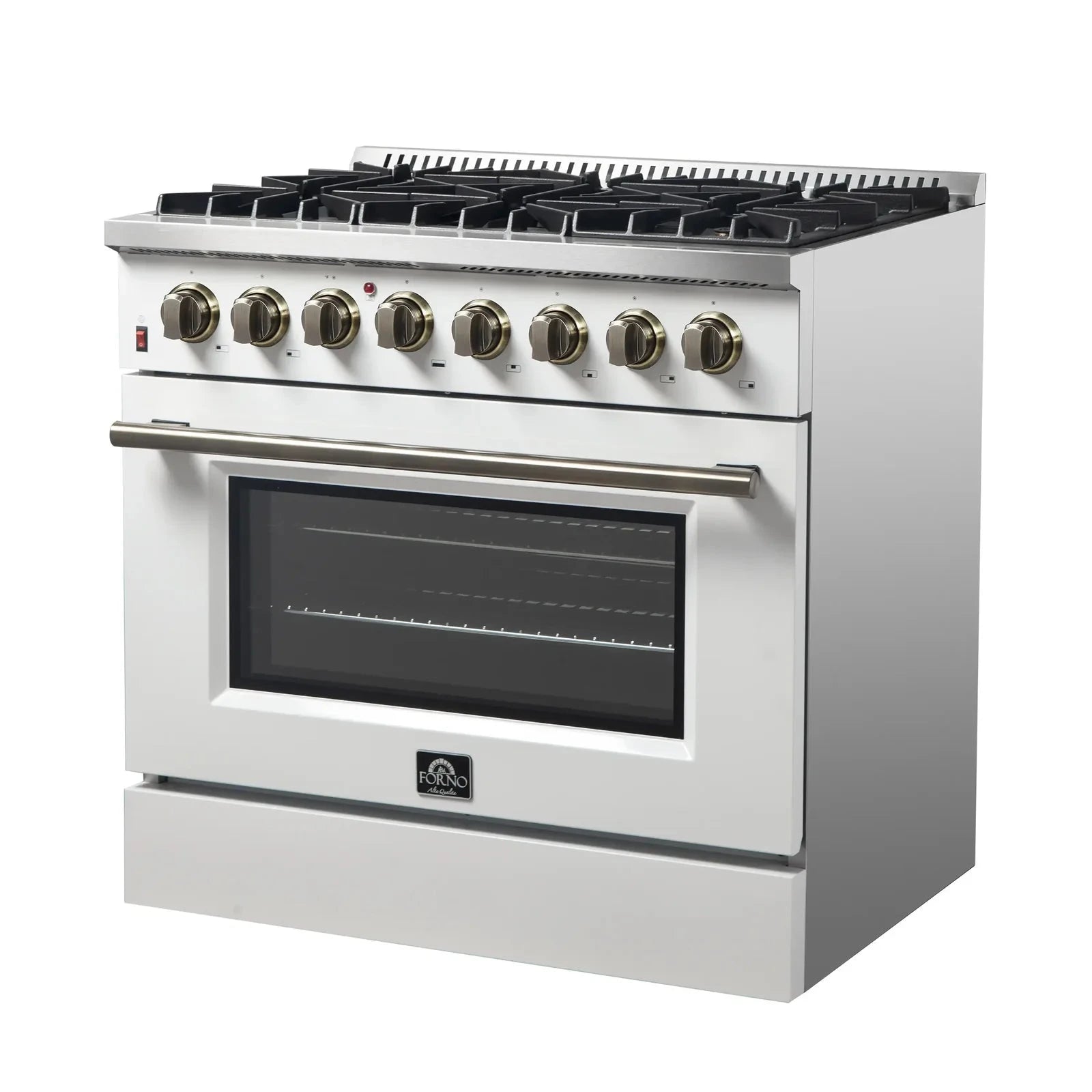 Forno Galiano 36-Inch Freestanding Dual Fuel Range - Gas Stove & Electric Oven in White with Antique Brass Trim (Model FFSGS6156 36WHT) | Professional Kitchen Appliance for Home Chefs & Cooking Enthusiasts