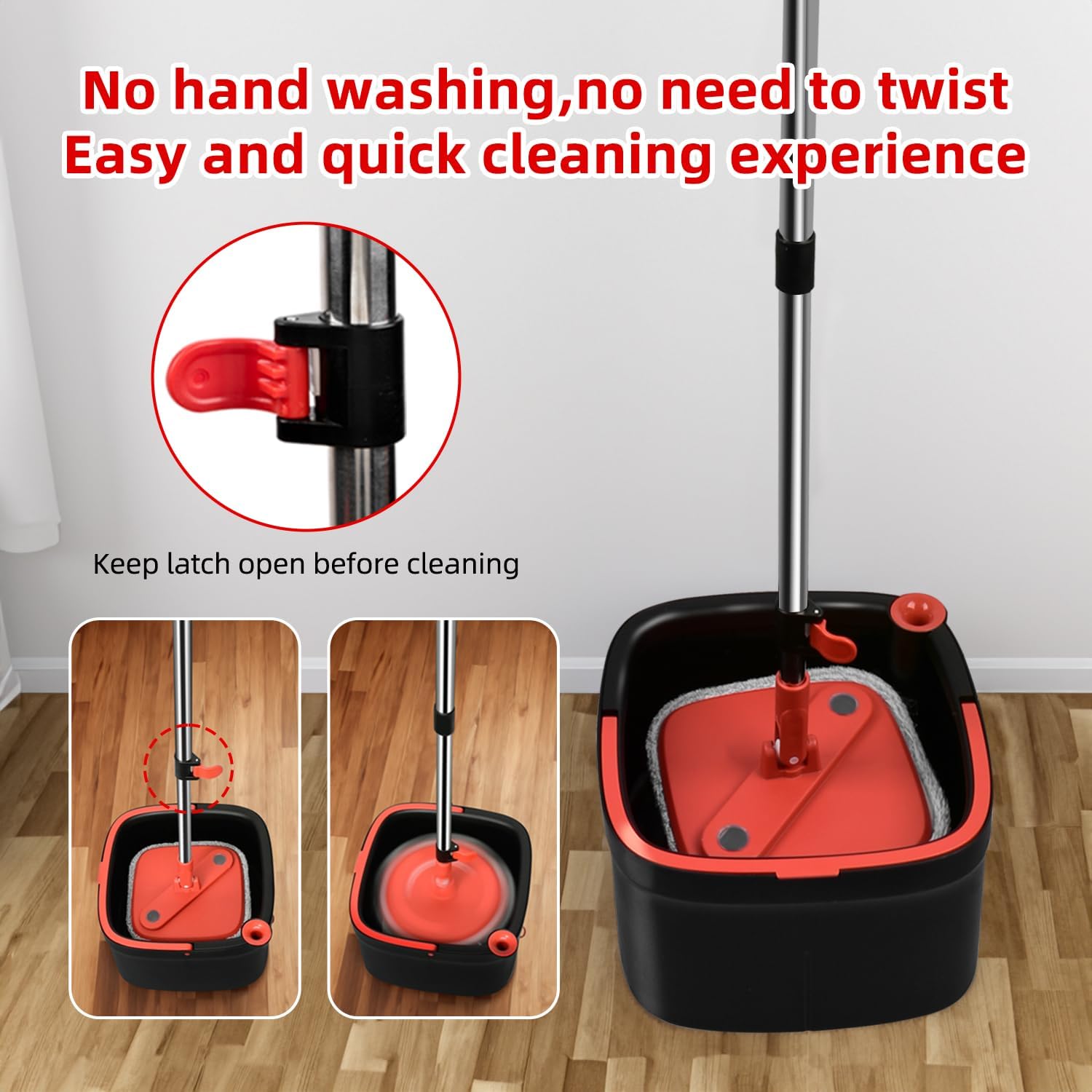 KZKR Spin Square Mop and Bucket Set with 6 Replaceable Microfiber Pads - Self-Cleaning System with Dirty/Clean Water Separation - 360° Rotating Self-Wringing Mop for Hardwood, Tile & Laminate Floors - Perfect for Home, Kitchen, and Bathroom Cleaning