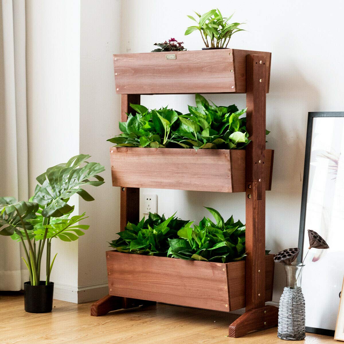 Giantex 3-Tier Raised Garden Bed - Vertical Freestanding Wooden Flower Stand with Detachable Ladder & Adjustable Shelves - Indoor/Outdoor Plant Organizer for Patio, Balcony, Backyard (Nut Brown)