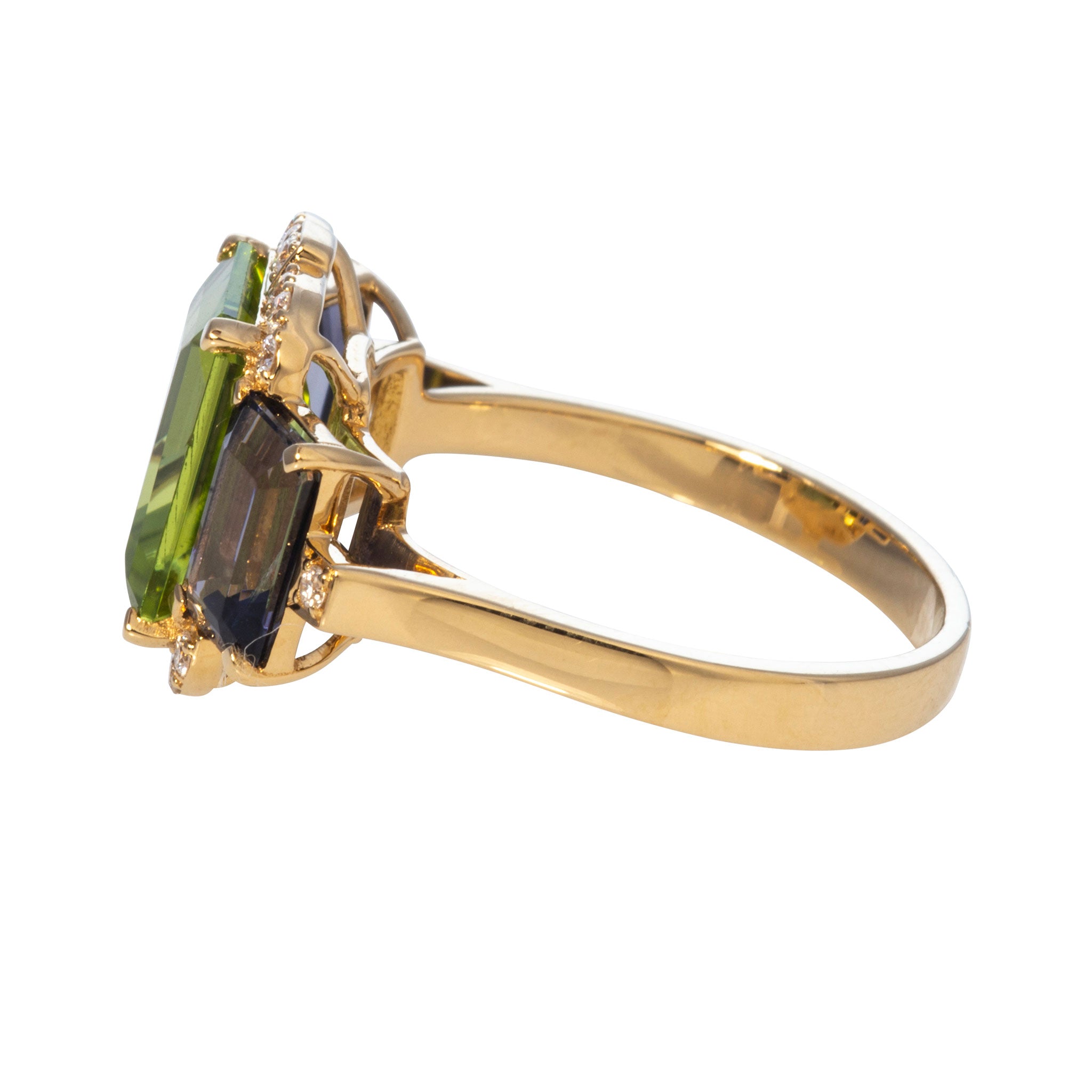 Goshwara 3 Stone Peridot & Iolite 18K Gold Ring for Women | Elegant Green & Violet Gemstone Jewelry | Perfect for Engagement, Wedding & Anniversary Gifts