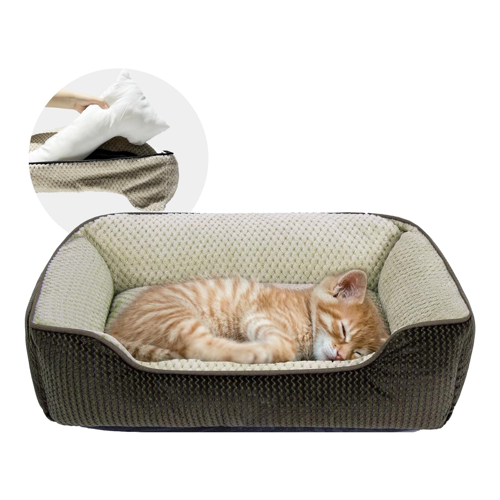Washable Small Cat Bed for Indoor Cats - Soft Removable Cover Pet Bed with Non-Slip Bottom, Brown 20 Inch - Cozy Sleeping Spot for Kittens & Small Dogs in Living Room or Bedroom